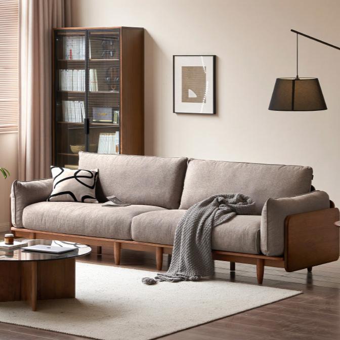 Oak Solid Wood Leather & Fabric Straight Sofa - Durable Modern Living Room Furniture for Home & Office