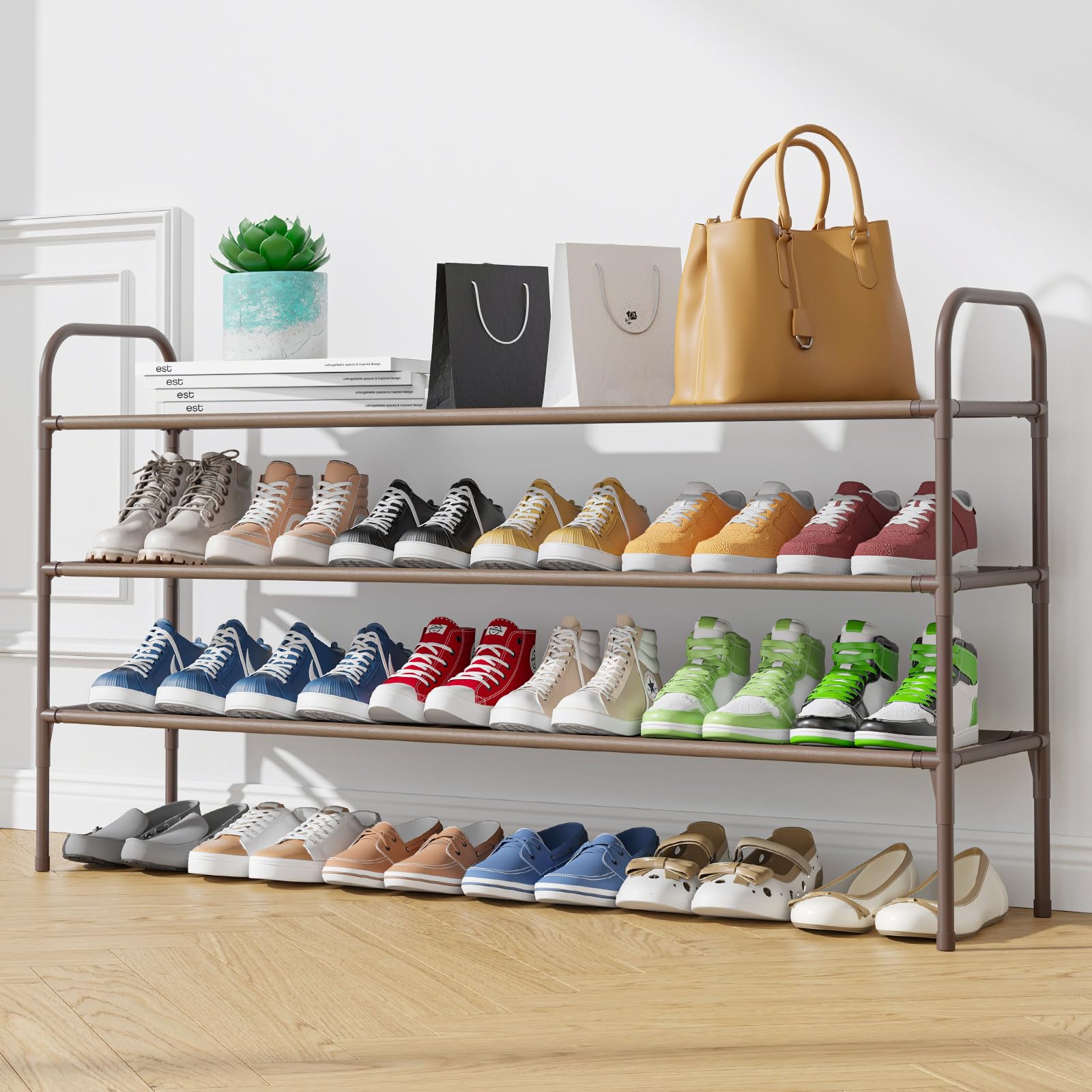 Kitsure Large Brown Shoe Rack - Sturdy Stackable Shoe Organizer for Closet, Front Door Entryway & Garage - Space-Saving Shoe Shelf Cabinet for Home, Apartment & Office Organization