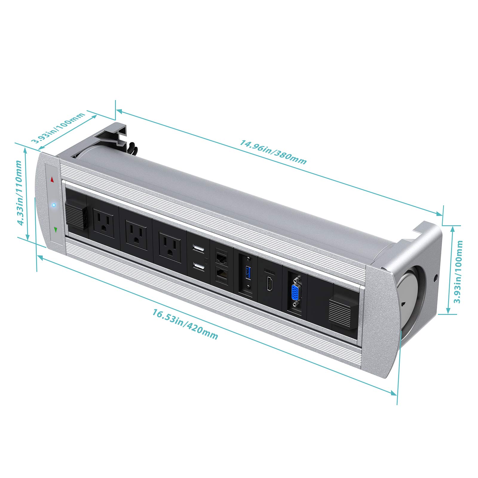 Motorized Recessed Power Outlet Box for Conference Tables - 3 AC Outlets, 2 USB Ports, USB 3.0, HDMI, VGA & Ethernet Ports - Silver | Ideal for Office Meeting Rooms & Smart Conference Tables
