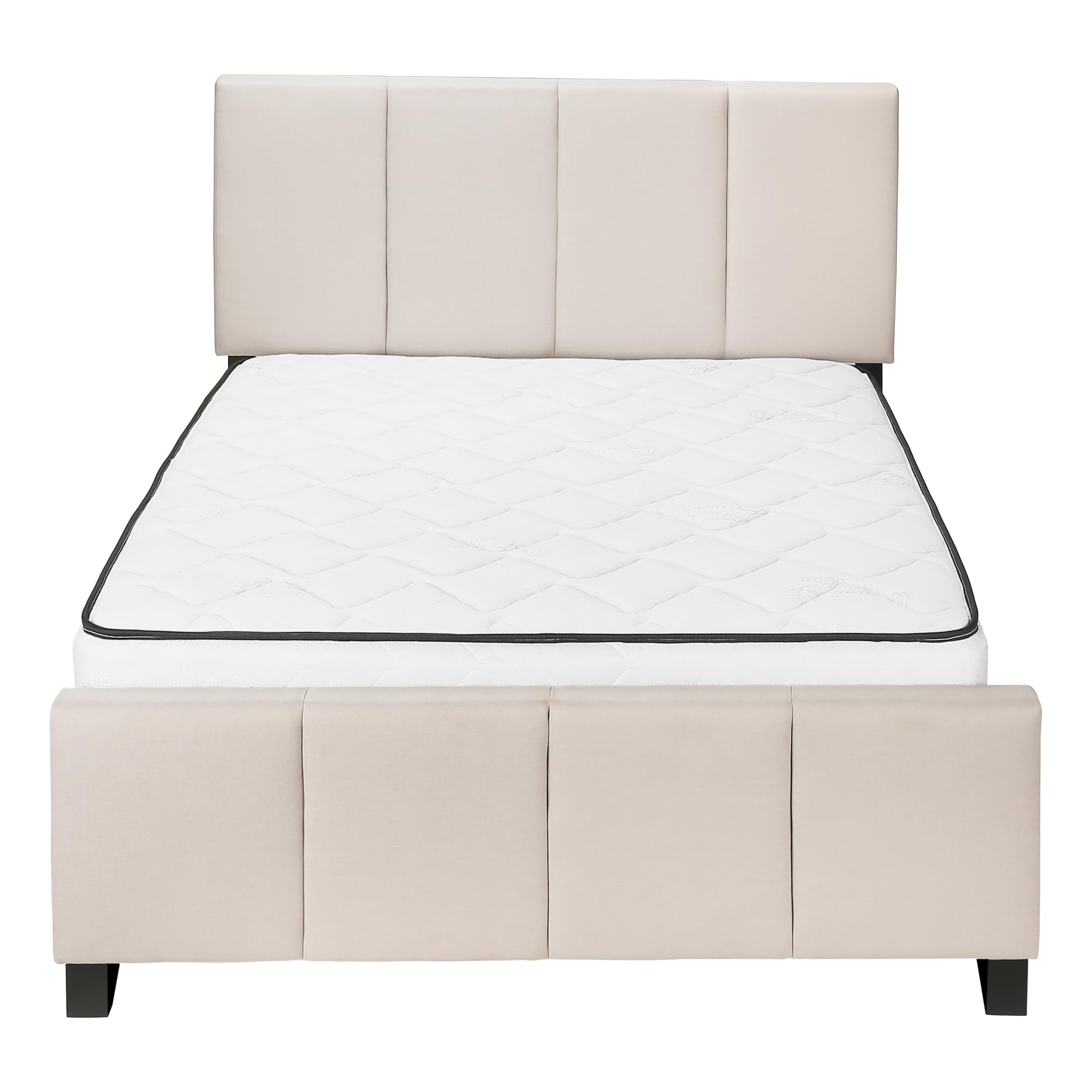 Monarch Specialties Queen Size Upholstered Platform Bed Frame - Beige & Black Linen Look for Modern & Transitional Bedrooms | Perfect for Master Bedroom, Guest Room & Apartment