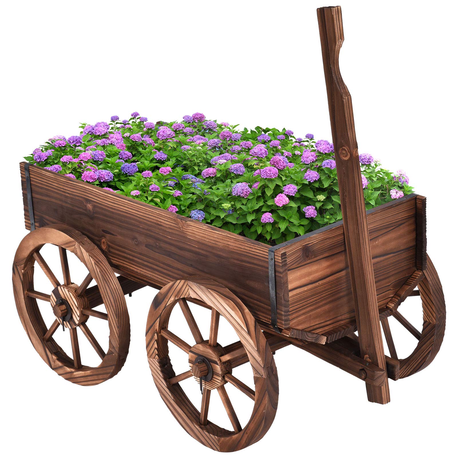 SAFSTAR Wooden Flower Planter Wagon with Wheels - Rustic Rolling Pot Stand for Outdoor Garden Decor - Perfect for Patio, Balcony & Backyard Plant Display