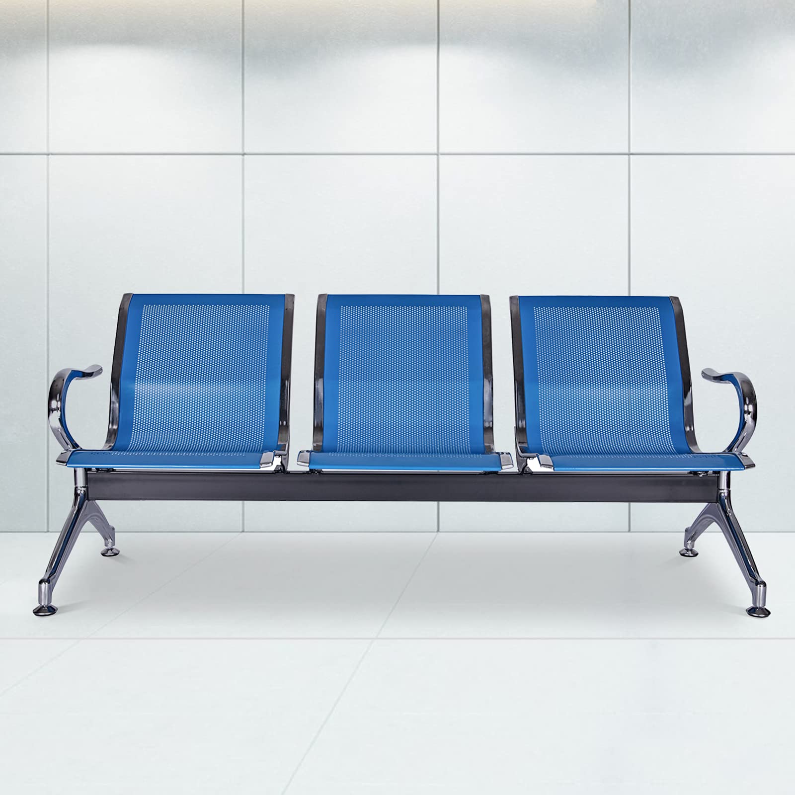 3-Seat Waiting Room Chairs with Arms - Durable Reception Bench for Airport, Hospital, Bank & School Lobby - Comfortable Guest Seating Solution for High-Traffic Areas - Blue