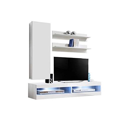 Modern White Wall-Mounted TV Stand with Storage Shelves & LED Lights - 34
