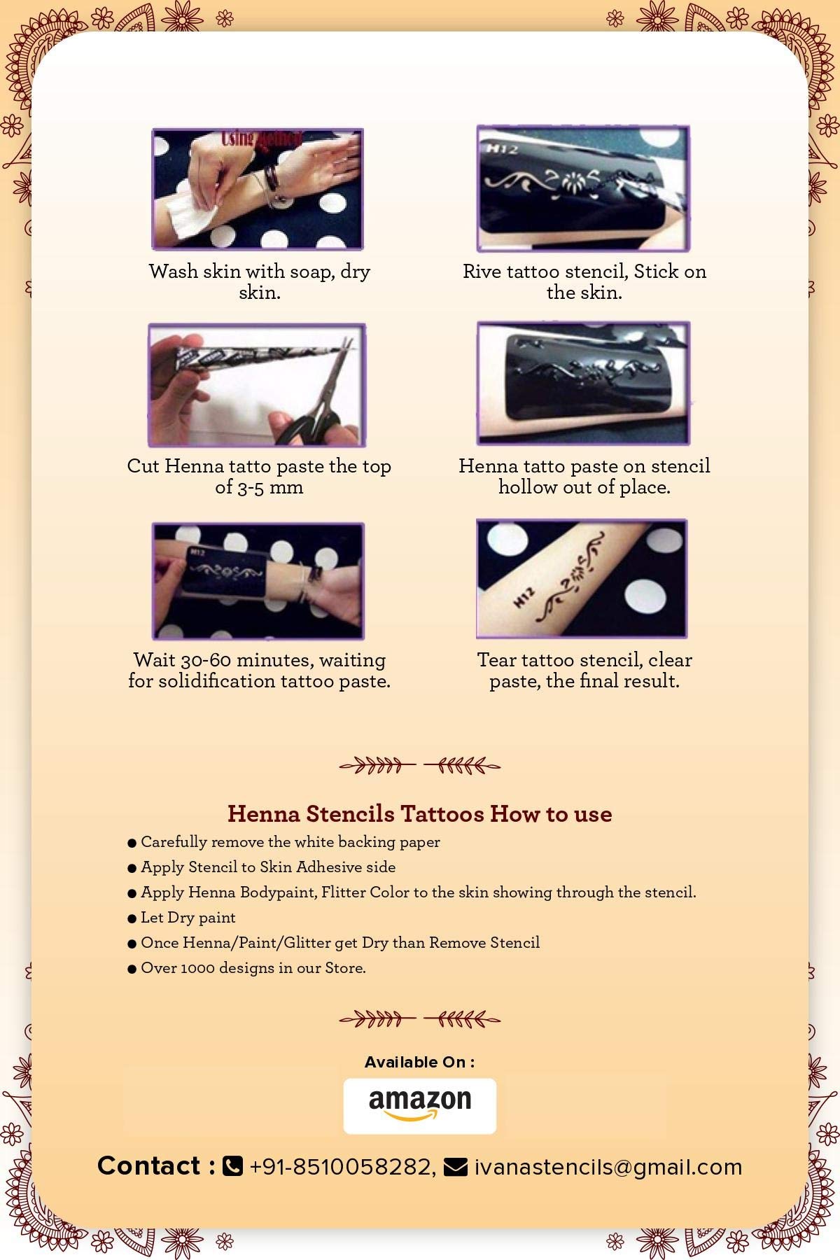 IVANA'S India Henna Tattoo Stencil Kit - 2 Pack Temporary Body Art for Women & Girls - Hand, Finger & Body Paint - Perfect for Festivals, Weddings & DIY Beauty