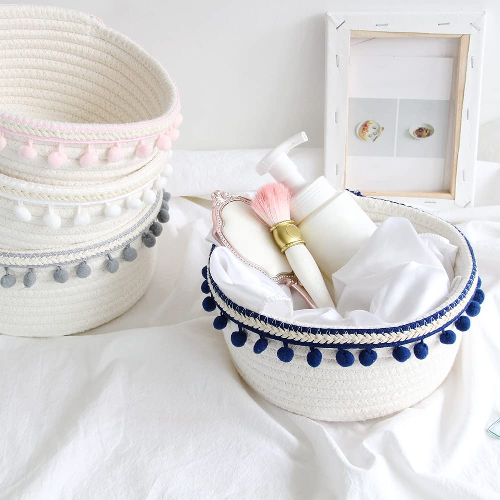 PHEZEN Cotton Rope Storage Baskets - Small Woven Decorative Bins for Toys, Snacks, Clothes, Cosmetics, Fruits & Books - Boho Chic Home Organization (20.5cm x 9.5cm) - Perfect for Nursery, Bathroom, Living Room & Bedroom Storage