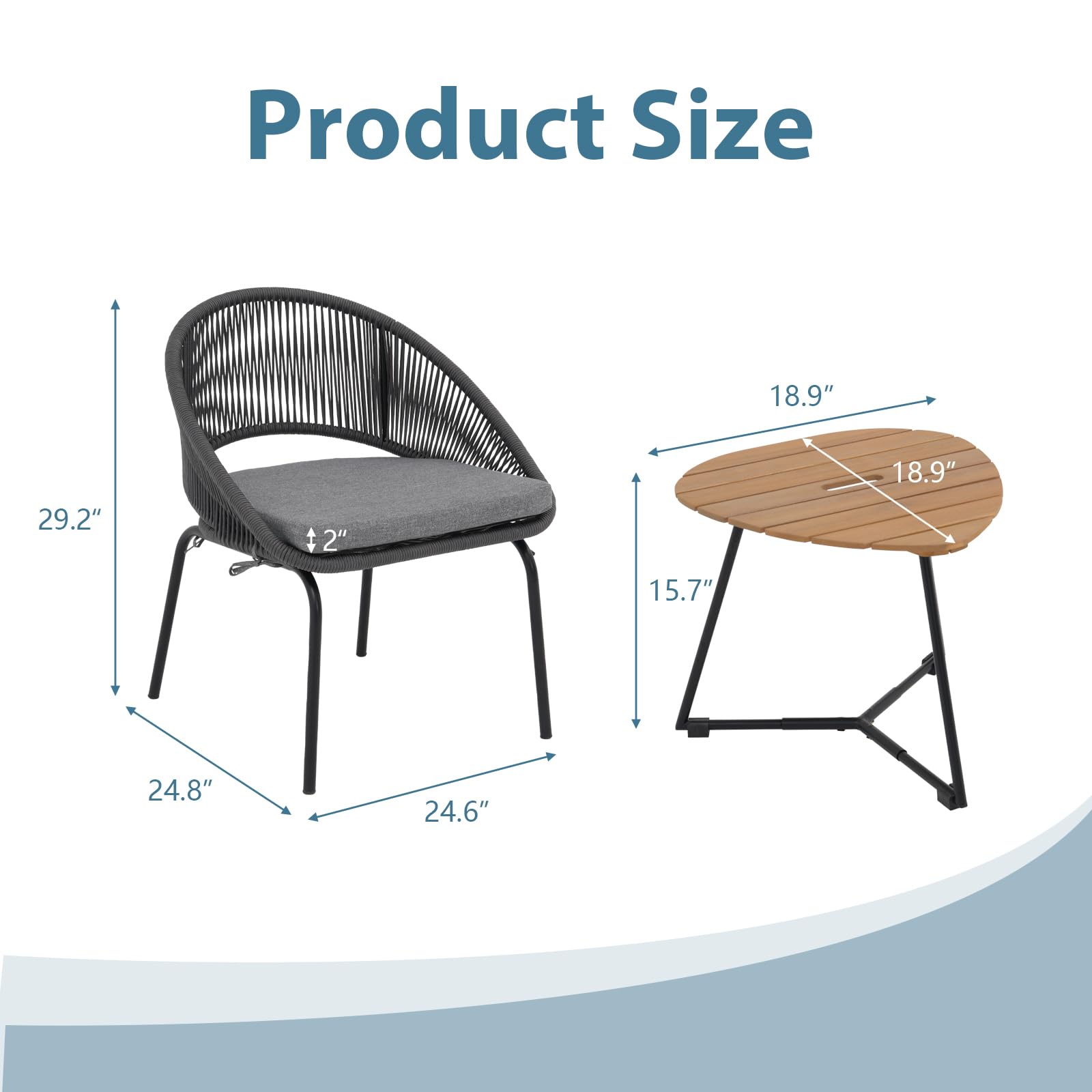 Yangming 3-Piece Outdoor Patio Furniture Set - Woven Rope Bistro Chairs with Wood Coffee Table for Garden, Backyard, Deck, Poolside & Balcony - Perfect for Relaxing, Entertaining & Outdoor Dining