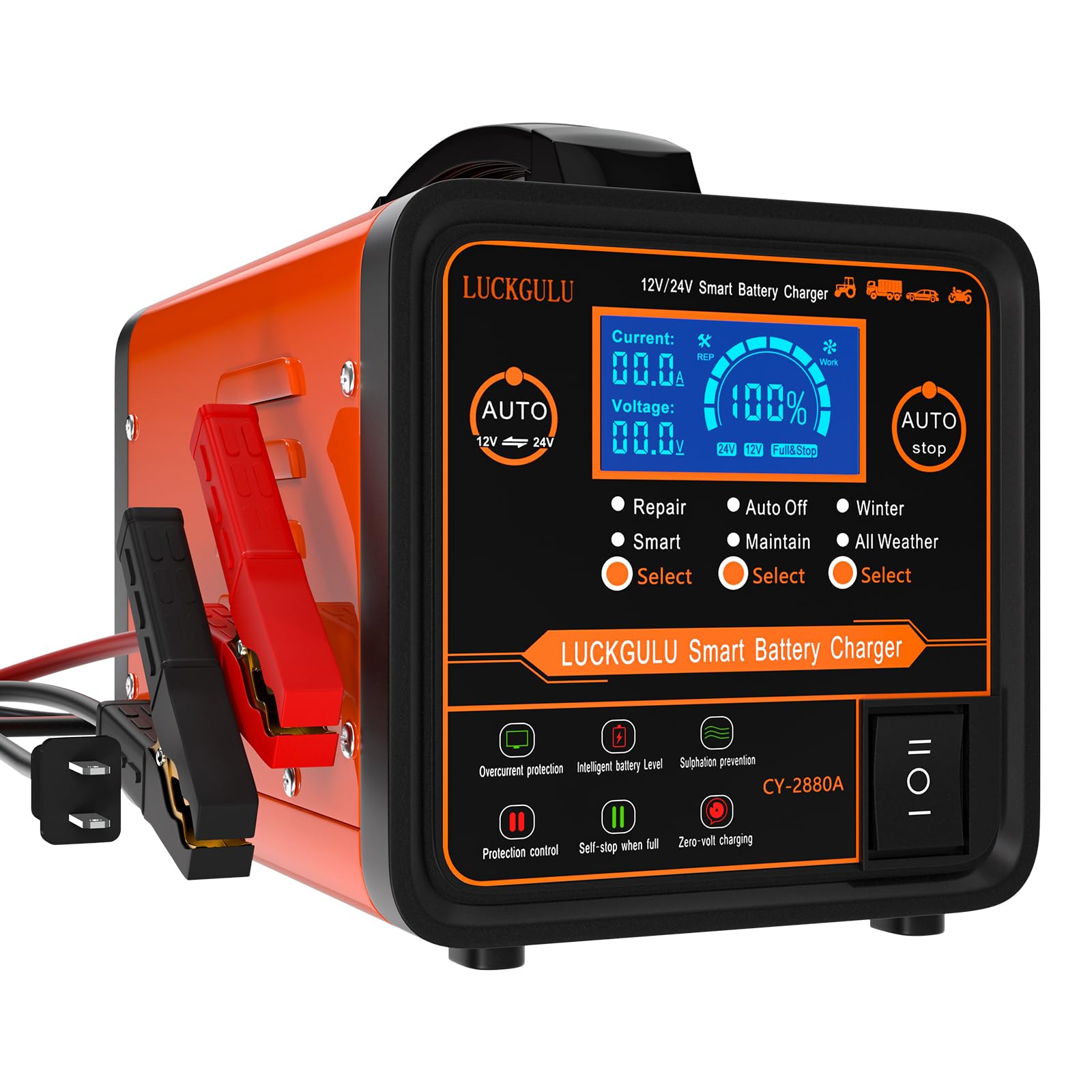 12V/24V Smart Car Battery Charger with Auto Shutoff - for Cars, Boats, Motorcycles