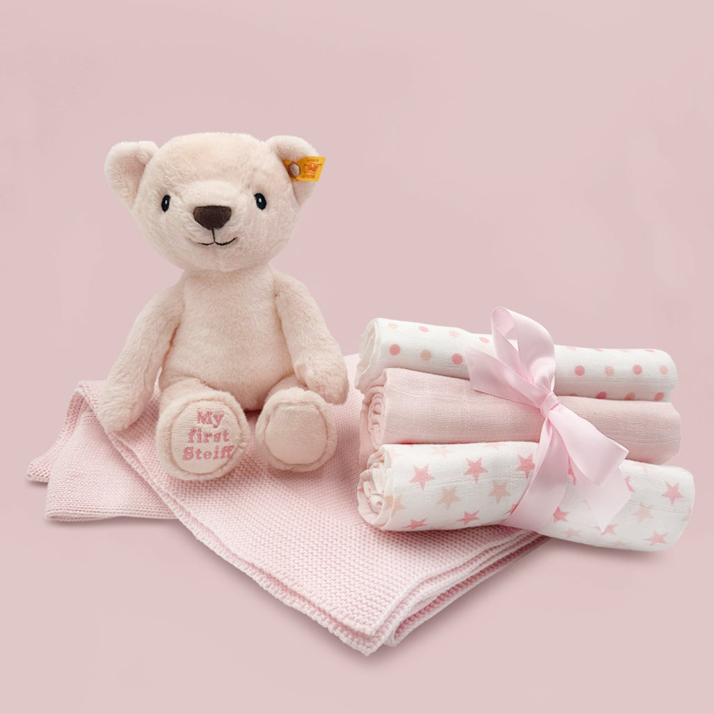 Steiff My First Muslin Blanket & Swaddle Set - Soft Baby Gift for Newborns, Girls & Boys, Pink - Perfect for Nursery, Swaddling & Cuddling