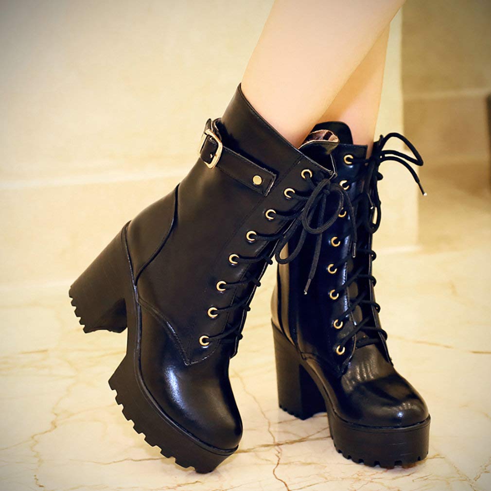Parisuit Women's Chunky Heel Combat Boots - Lace Up Ankle Boots with Buckle Detail, Platform Goth Motorcycle Shoes for Women | Perfect for Punk Fashion, Night Out & Street Style