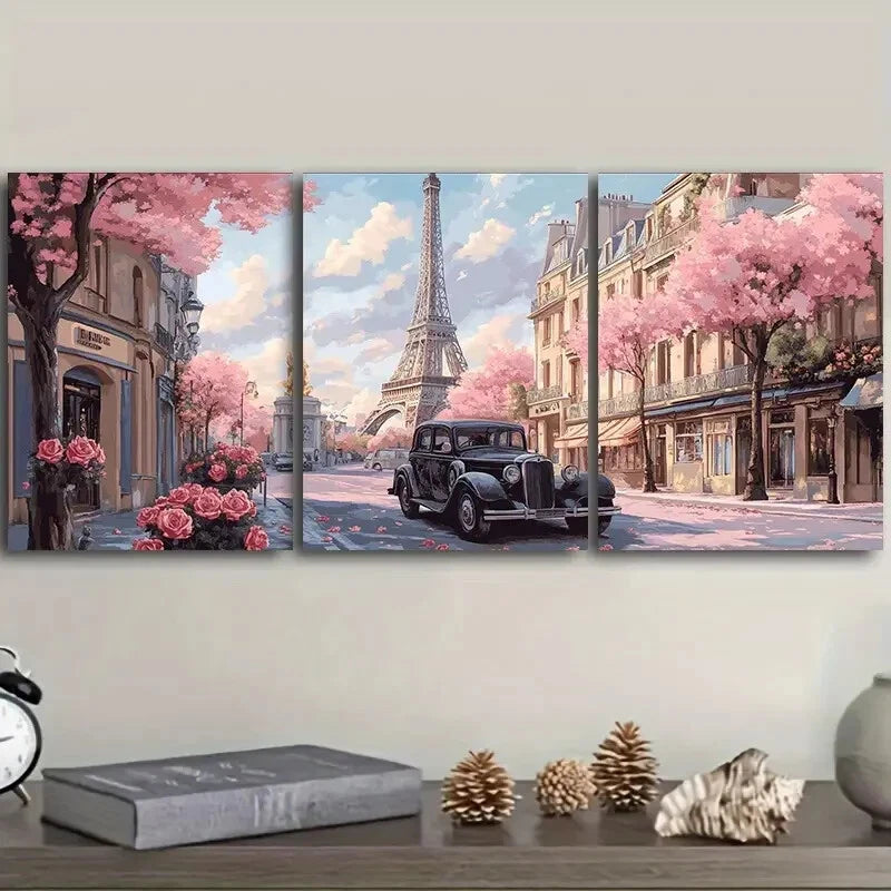 3-Piece Pink Car on Paris Streets Metal Wall Art - Ready to Hang Home Decor for Living Room, Bedroom & Office