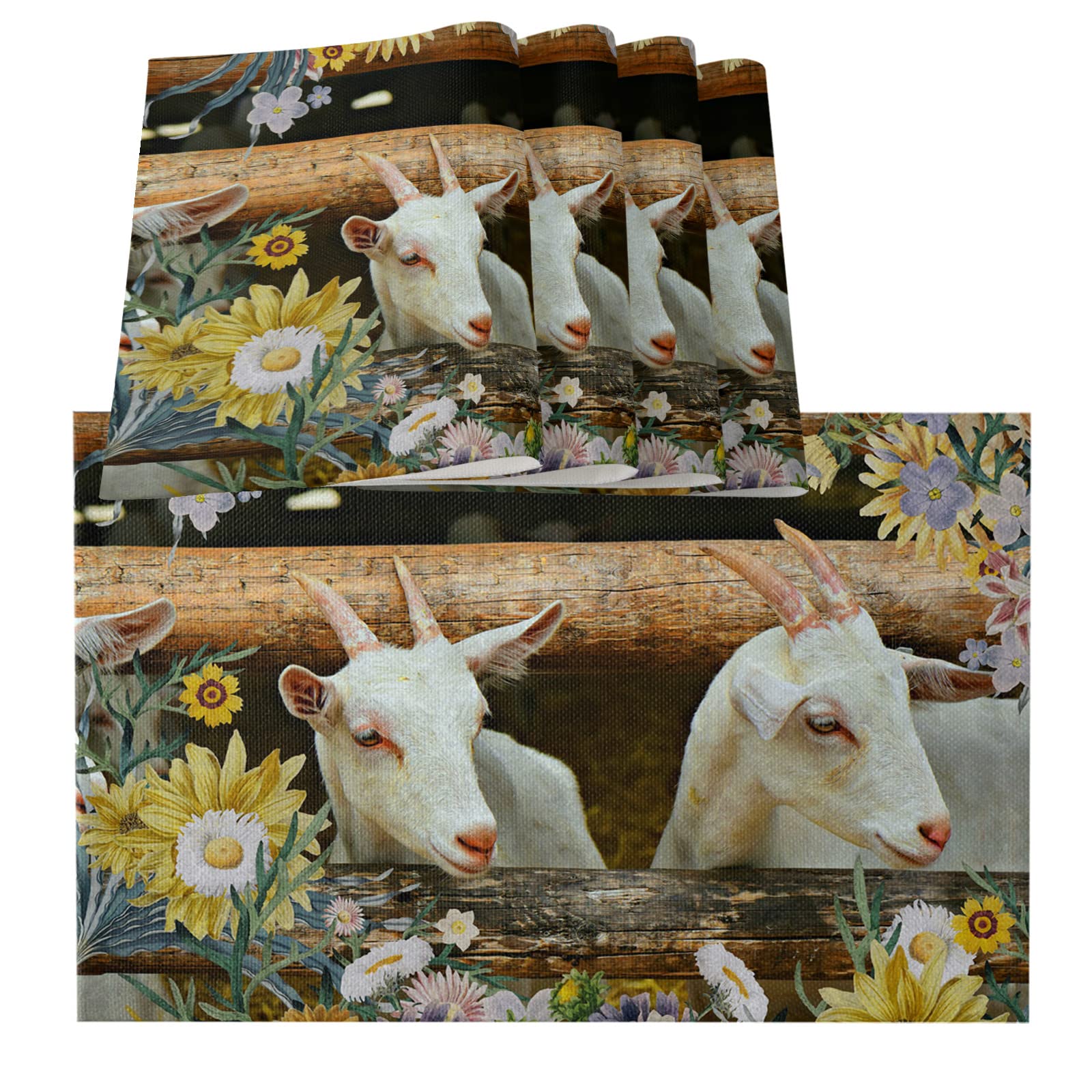 Farmhouse Floral Goat Design Placemats Set of 4 - Washable Burlap Table Mats for Dining Table, Kitchen & Party Decor - Perfect for Farmhouse Style Homes, Rustic Weddings & Country-Themed Events
