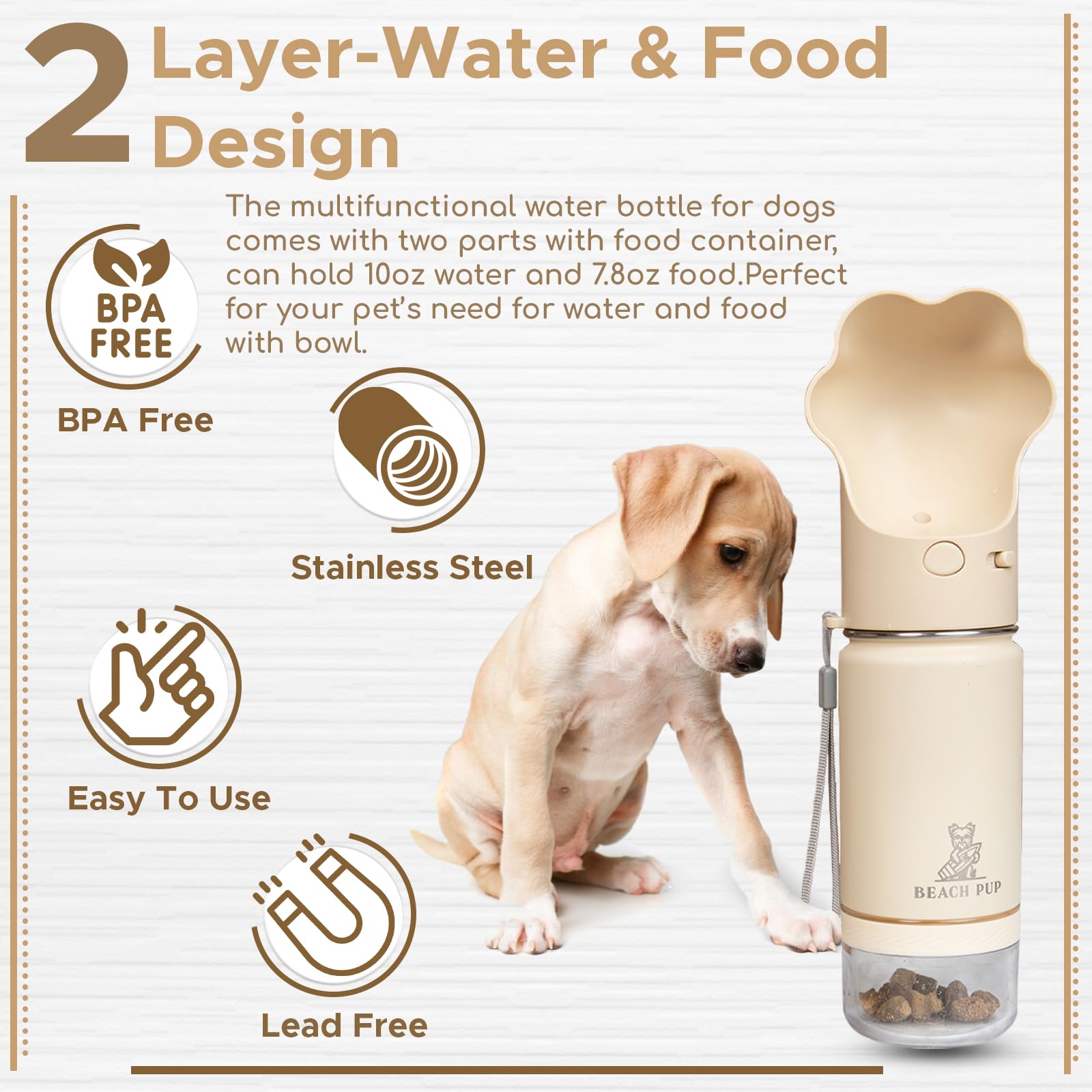 Stainless Steel Portable Dog Water Bottle with Food Container - 10 oz Leak-Proof Pet Water Dispenser with Bowl - Cream Color for Outdoor Hiking, Travel & Walks