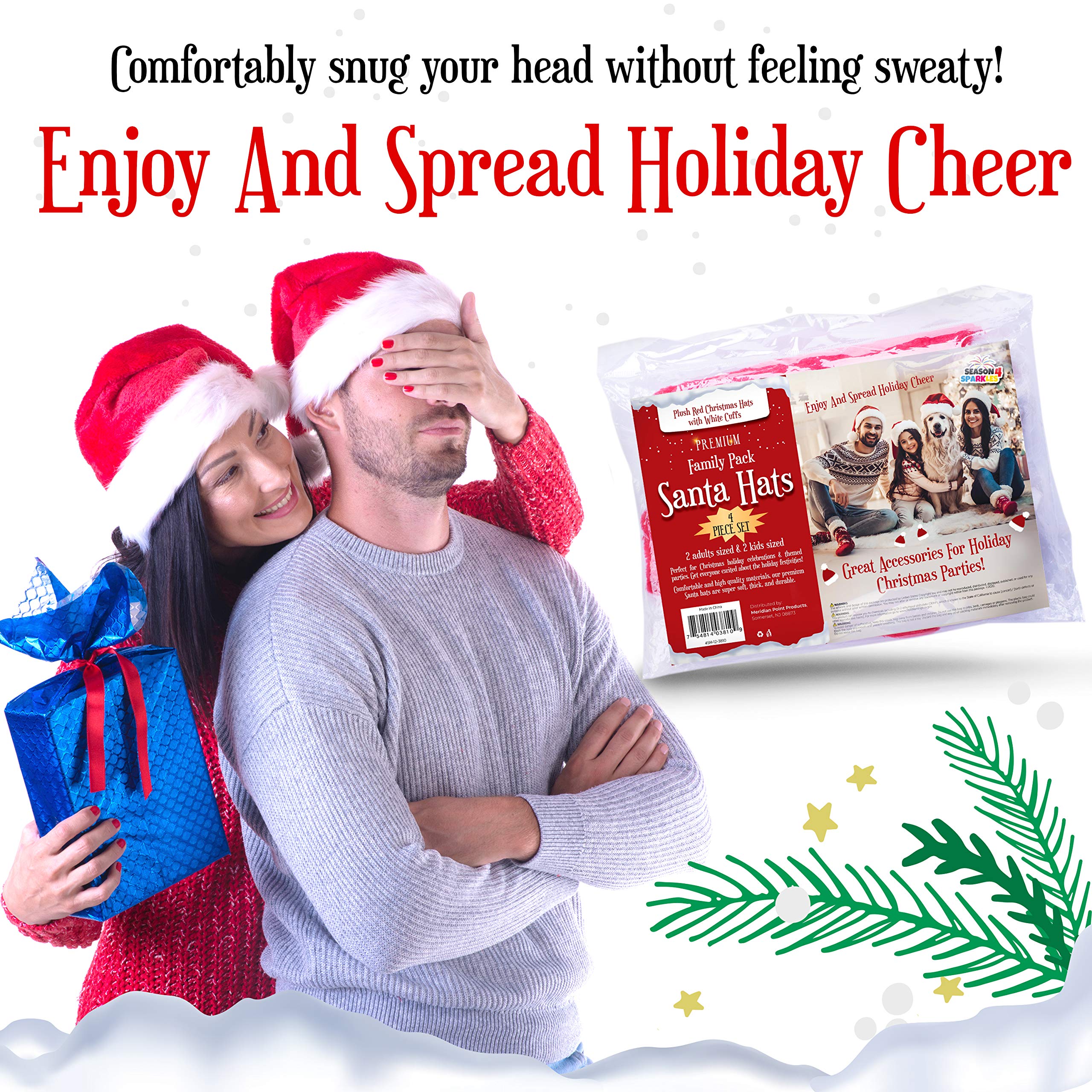 4-Piece Funny Santa Hat Set for Christmas Holiday Parties - Soft & Comfortable Family Pack (2 Large Adult Hats & 2 Small Youth Hats) - Perfect for Christmas Photos, Office Parties & Family Gatherings