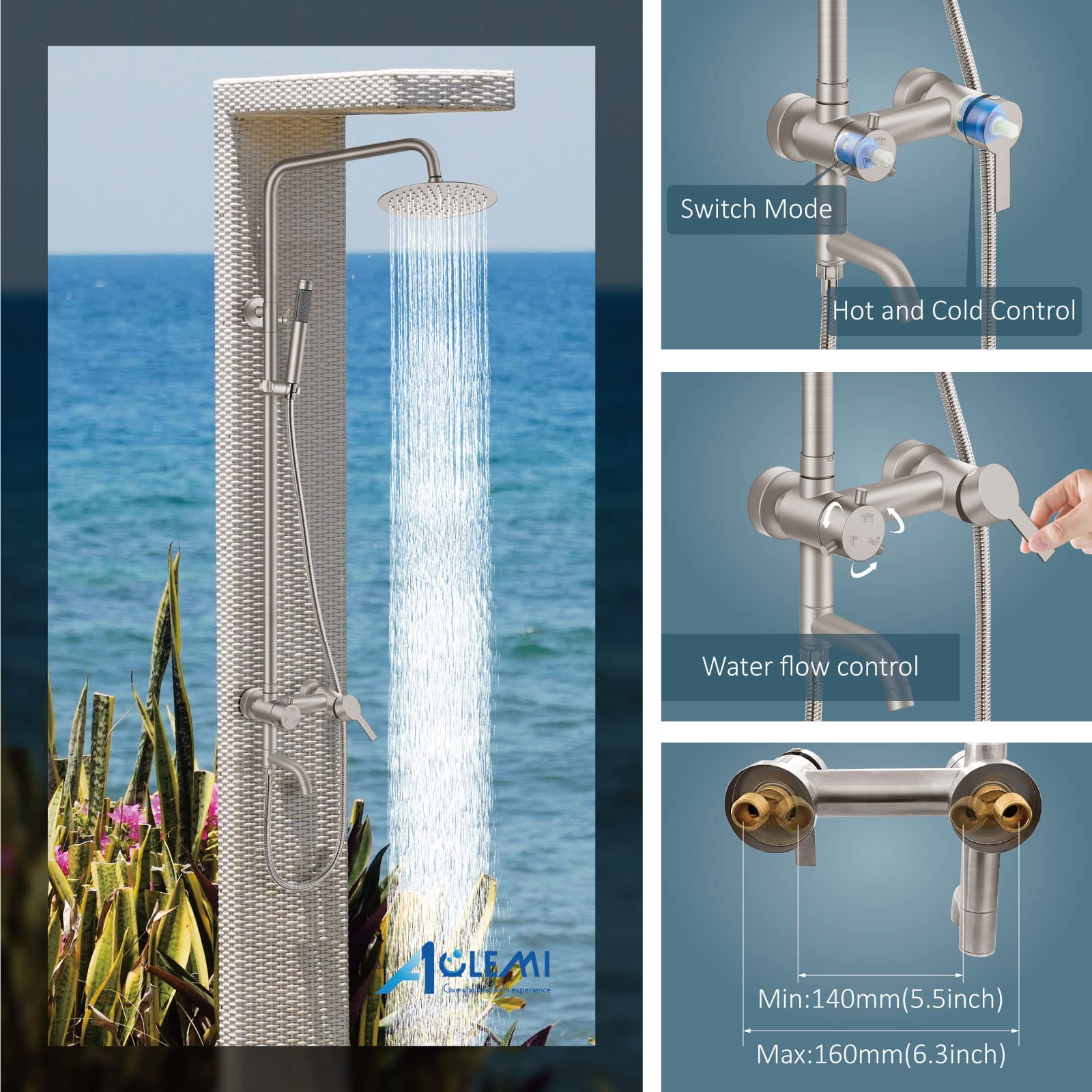 Aolemi 8 Inch Stainless Steel Shower Faucet Set - SUS304 Rainfall Shower Head with Hand Spray, 3 Function Combo, Brushed Nickel Finish - Perfect for Outdoor, Garden, and Patio Use