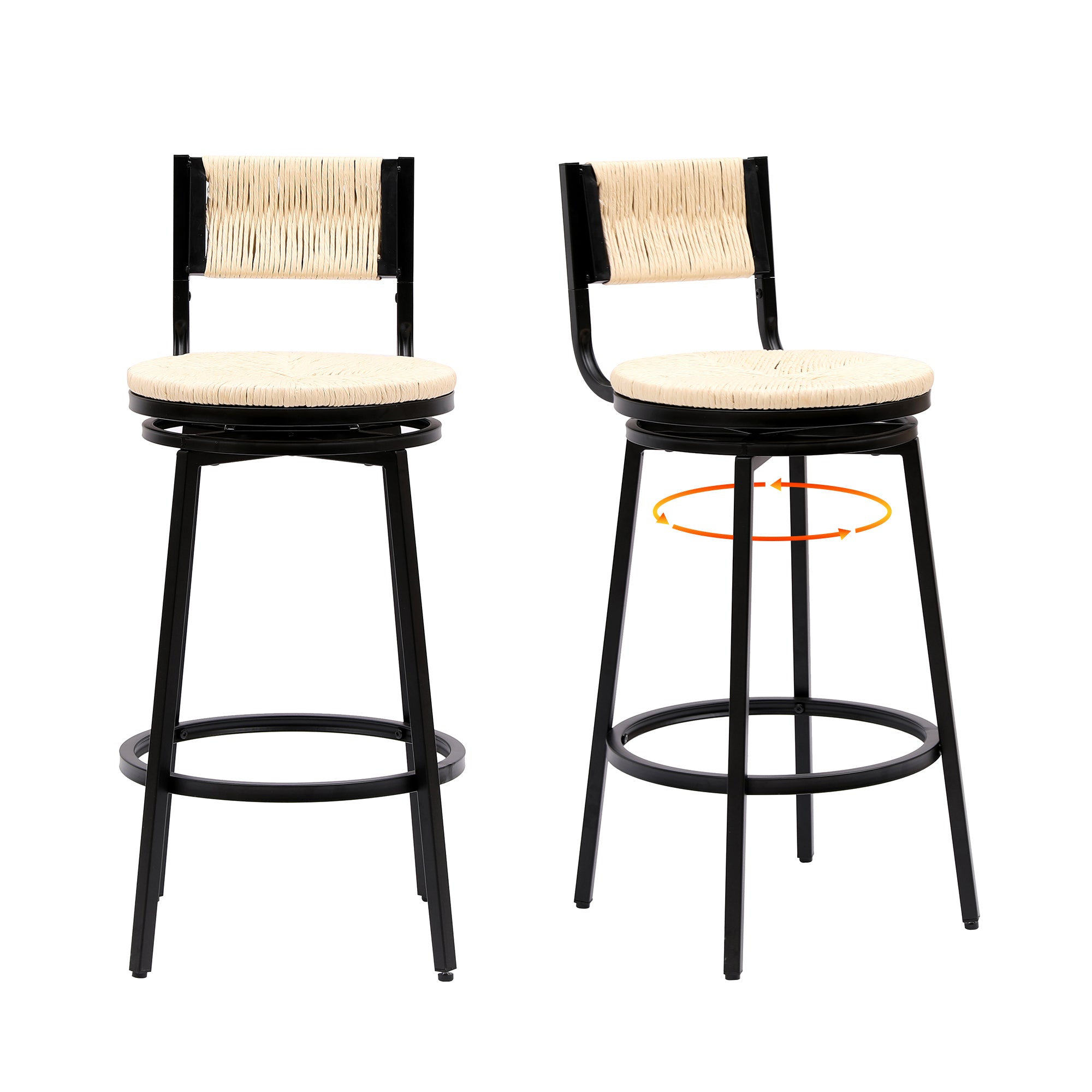 Swivel Bar Stools Set of 2 - Creamy White Counter Height Chairs with Hand Woven Paper Rope Seat & Sturdy Metal Frame - Perfect for Kitchen Island, Breakfast Bar, or Dining Counter - Modern Farmhouse Style Barstools