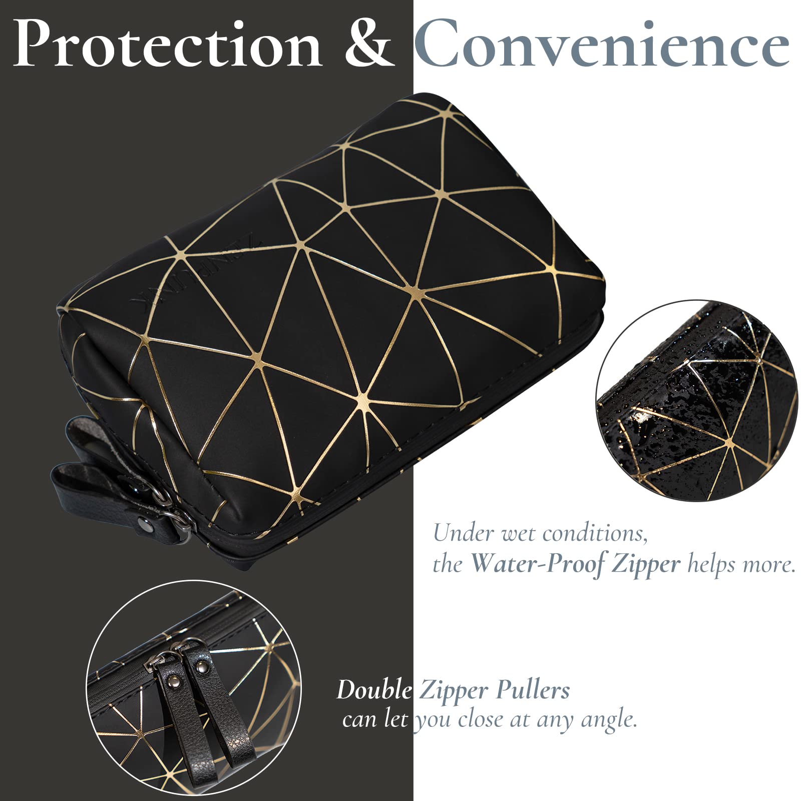 Mini Makeup Bag for Purse | PU Leather Cosmetic Organizer | Travel Makeup Pouch | Waterproof Portable Cosmetic Case for Women & Girls (Black & Gold) | Perfect for Travel, Gym & Everyday Use