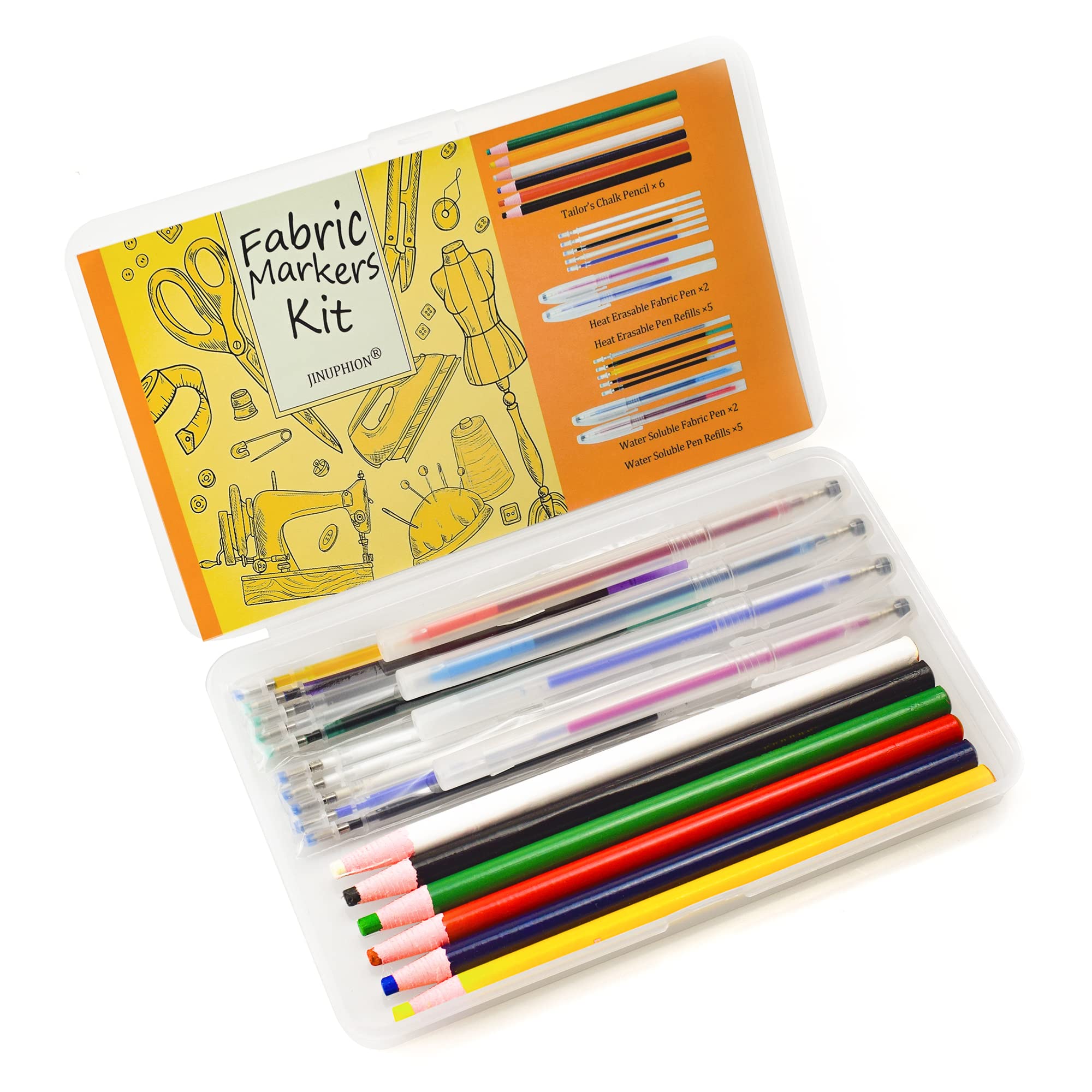 6Pcs Tailor's Chalk Pencils & 4 Fabric Marking Pens with Storage Box - Heat & Water Soluble Markers for Sewing, Quilting, Dressmaking - Includes 10 Refills for Long-Lasting Use | Perfect for DIY Crafts, Fabric Projects & Professional Tailoring