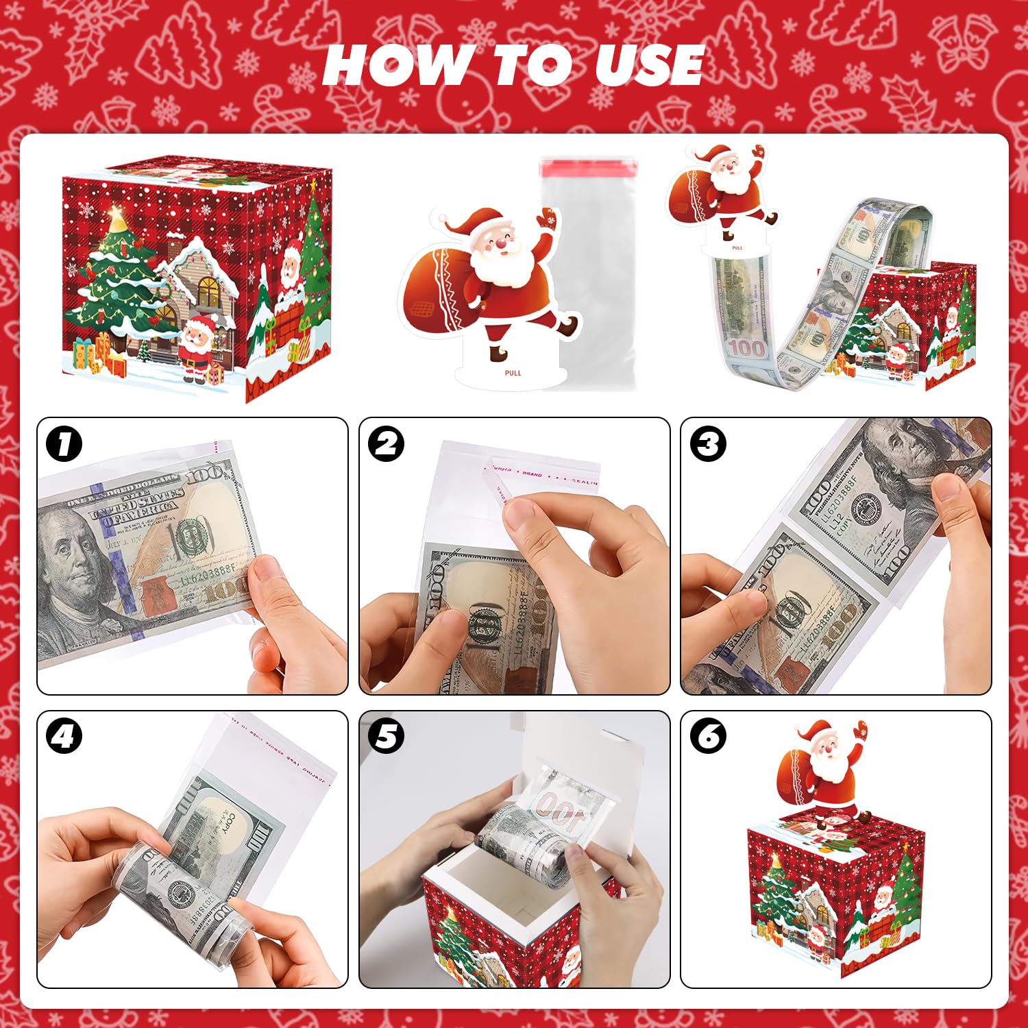 Quimoy Christmas Money Gift Box - Cash Present Box for Women, Men, Boys & Girls - Holiday Savings Box with Santa & Tree Design - Perfect for Christmas Gifting, Stocking Stuffers & Holiday Surprises