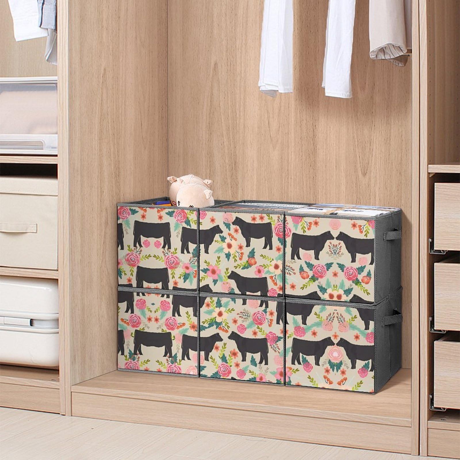 Pink Flower Print Collapsible Storage Bins - 6-Piece Set with Handles for Closet, Clothing & Home Organization | Foldable Storage Baskets for Bedroom, Nursery & Laundry Room