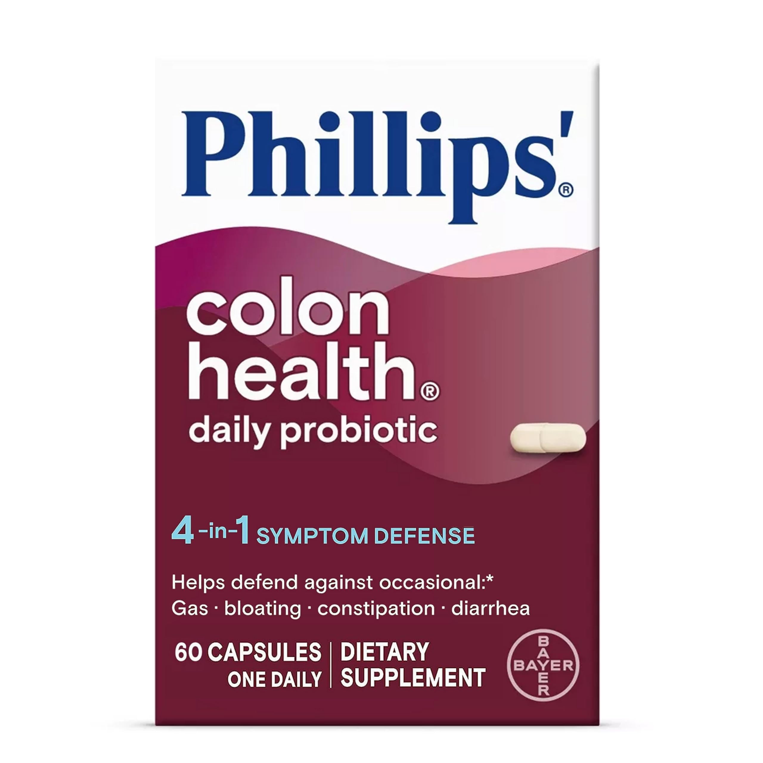 Phillips' Colon Health Probiotic Supplement - 60 Capsules for Digestive Support | Helps Relieve Occasional Gas, Bloating, Constipation & Diarrhea | 4-in-1 Formula | Daily Gut Health Support for Men & Women | Perfect for Travel, Stressful Days & Digestive Discomfort