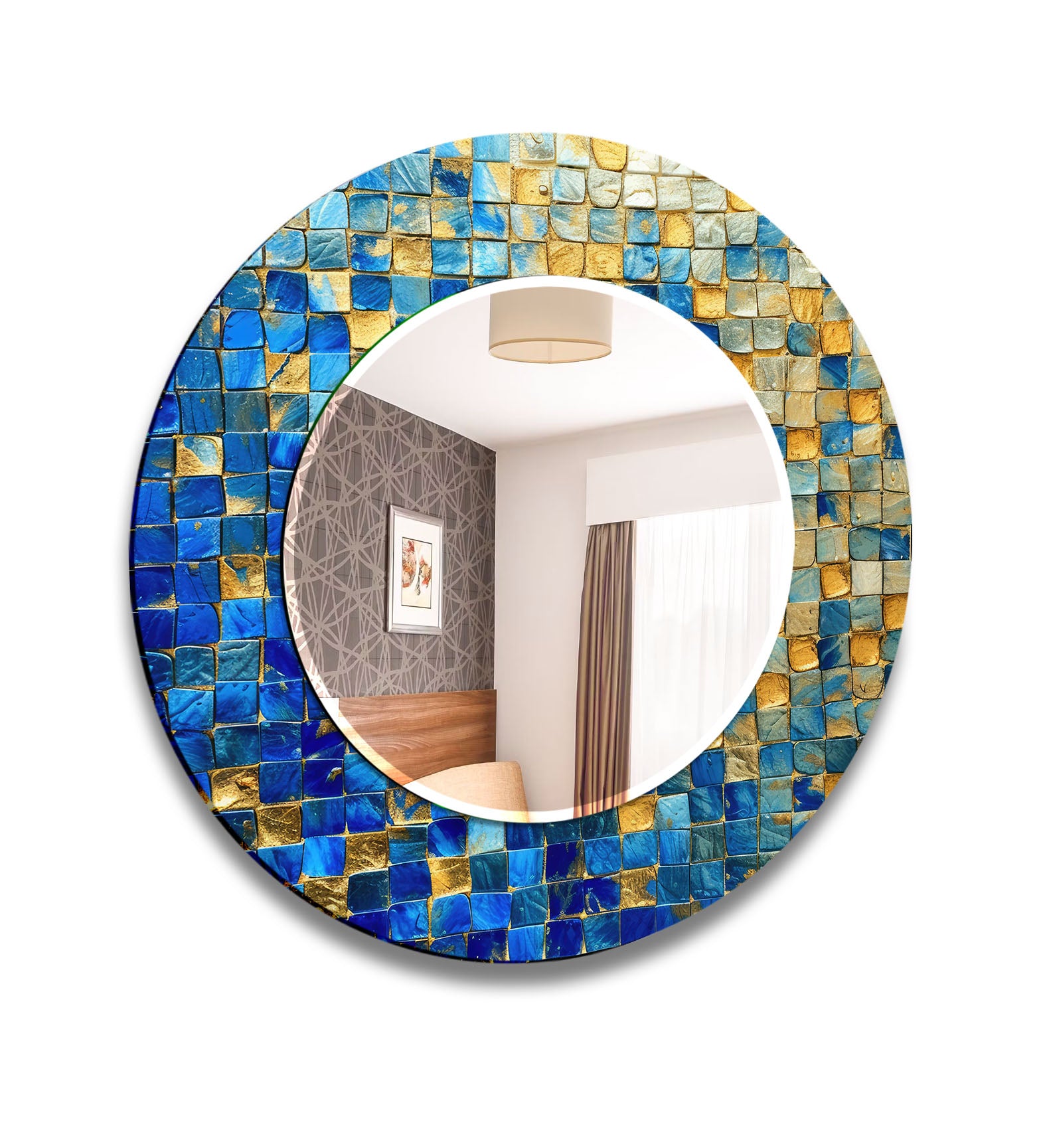 Blue & Gold Mosaic Round Mirror - Elegant Wall Decor for Living Room, Bedroom, Bathroom | Vintage Home Accent Mirror for Interior Design & Housewarming Gifts