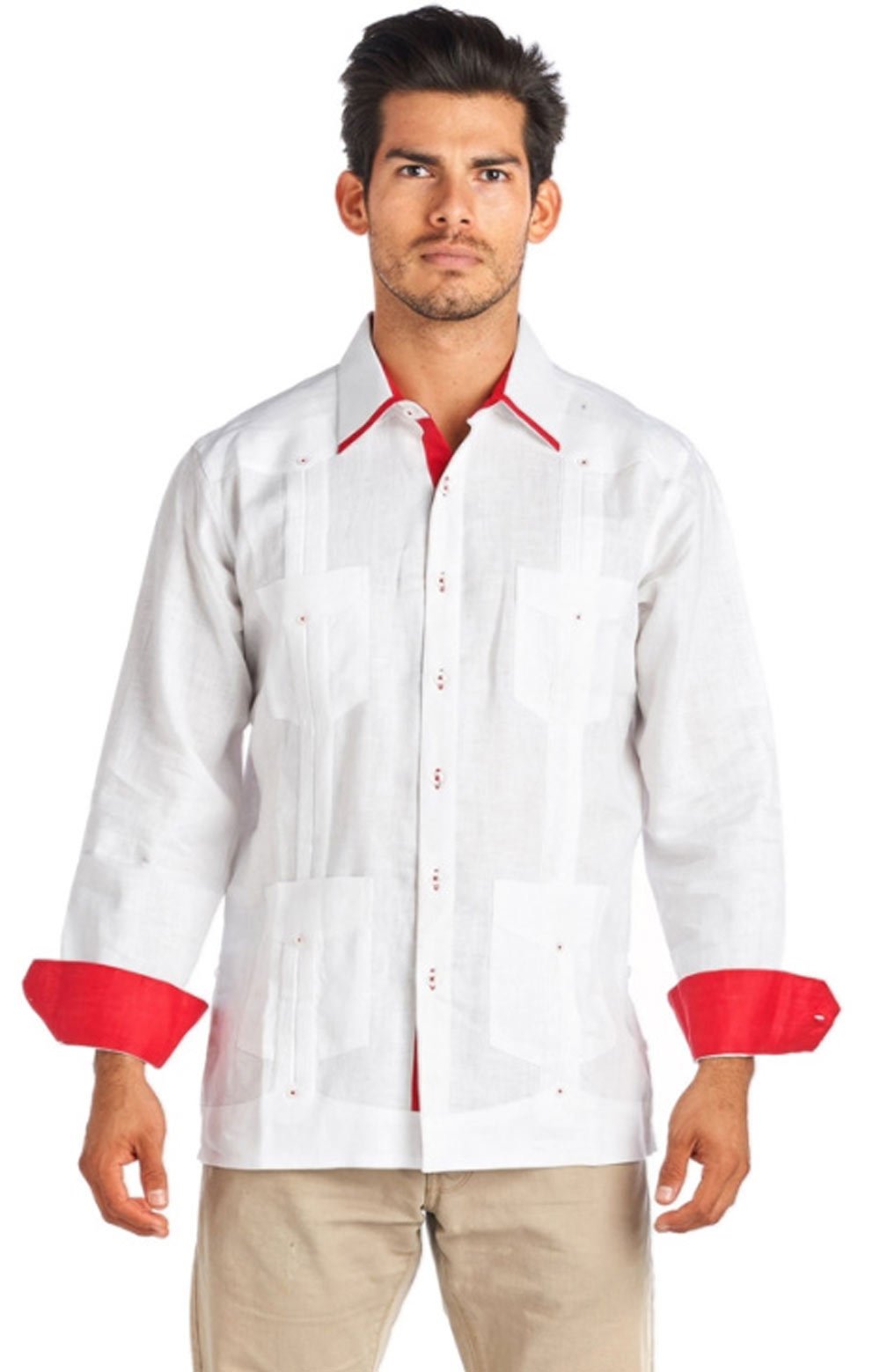 Stylish Cuban Party Guayabera Shirt - White & Red Linen French Cuff for Men | Perfect for Weddings, Summer Parties & Tropical Vacations