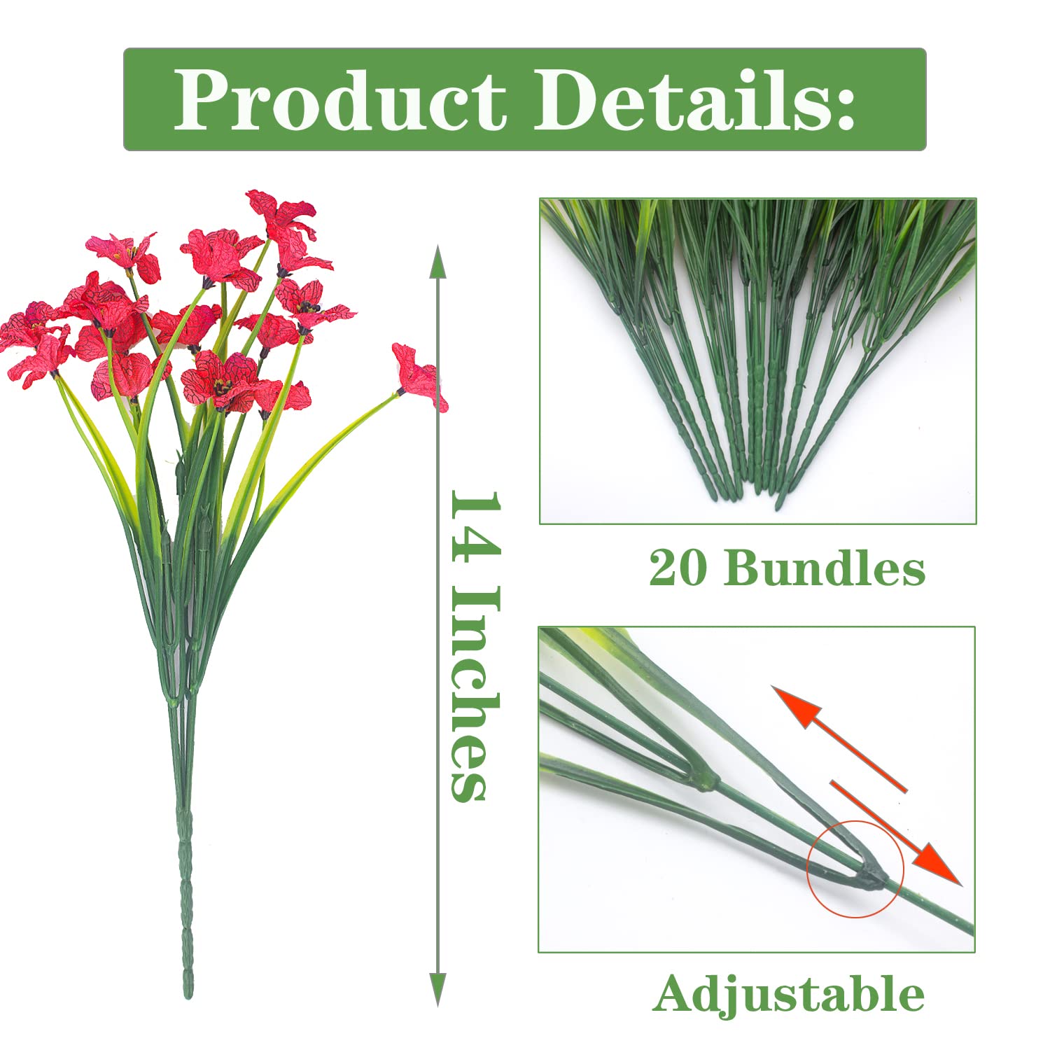 20 Bundles UV Resistant Artificial Flowers for Outdoor Decor - Faux Red Roses for Garden, Porch, Patio & Wedding Arrangements