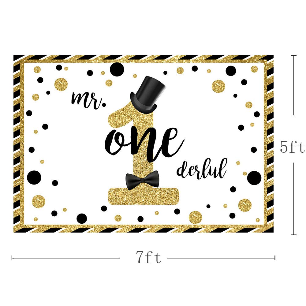 MEHOFOND Mr Onederful Black & Gold Glitter Photo Booth Backdrop - 7x5ft Birthday Party Decoration for 1st Birthday, Cake Table, Photography Background | Perfect for Baby Boy's First Birthday Party, Photo Shoots, and Special Event Decorations