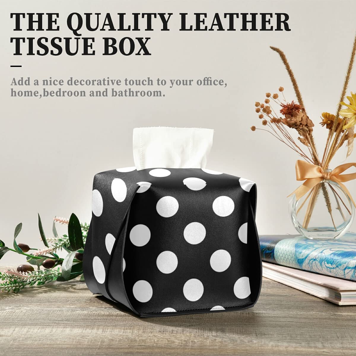 Square Tissue Box Cover Holder - Black & White Polka Dot Leather Tissue Dispenser Case - Decorative Organizer for Nightstand, Office Desk, Living Room & Bathroom