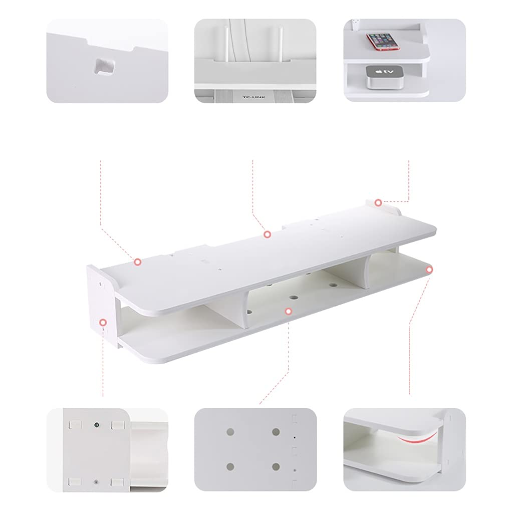 Floating Wall Mount TV Stand - 2-Tier White Media Console Shelf with Cable Management | Heavy Duty Storage Organizer for Books, Router, Projector, DVD Player | Perfect for Living Room, Bedroom & Home Theater Setup
