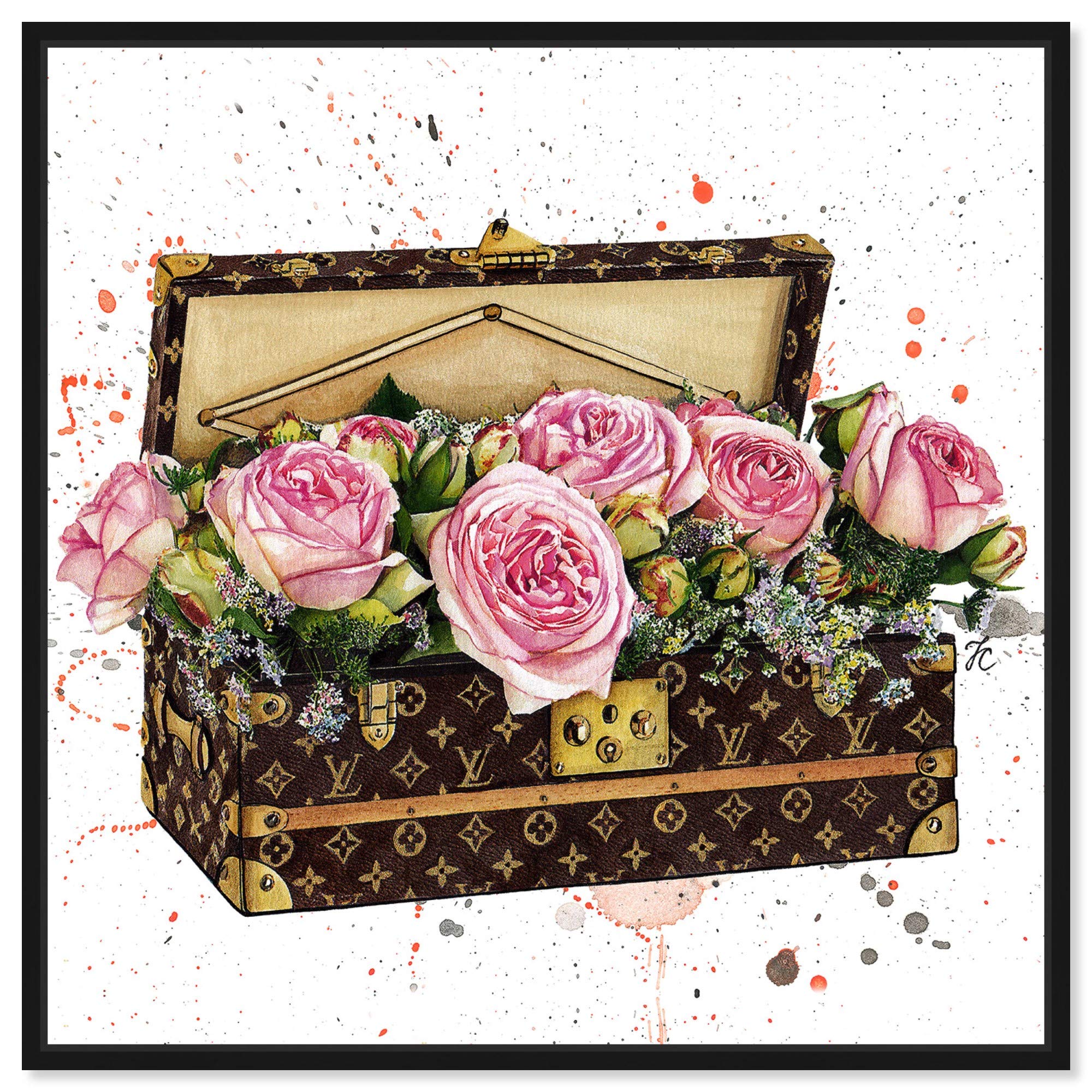 Oliver Gal Artist Co. 'Doll Memories - Trunk Full of Flowers' Fashion Glam Wall Art Canvas Print - 30x30 Inch Pink & Brown Home Decor for Living Room, Bedroom, or Office