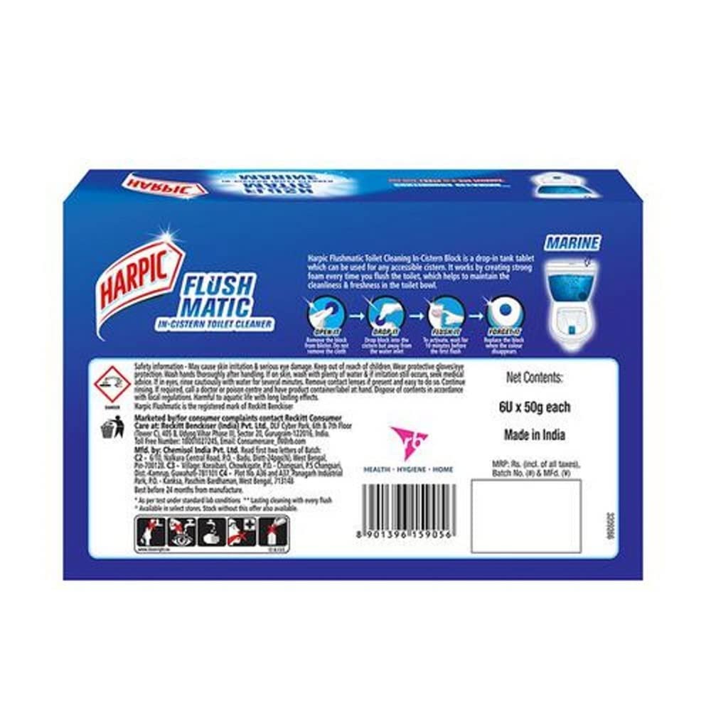 Harpic Flushmatic In-Cistern Toilet Cleaner Blocks, Marine Scent - 50g (6-Pack) | Long-Lasting Toilet Cleaner Balls for Fresh & Hygienic Bathroom | Perfect for Home, Office & RV Use