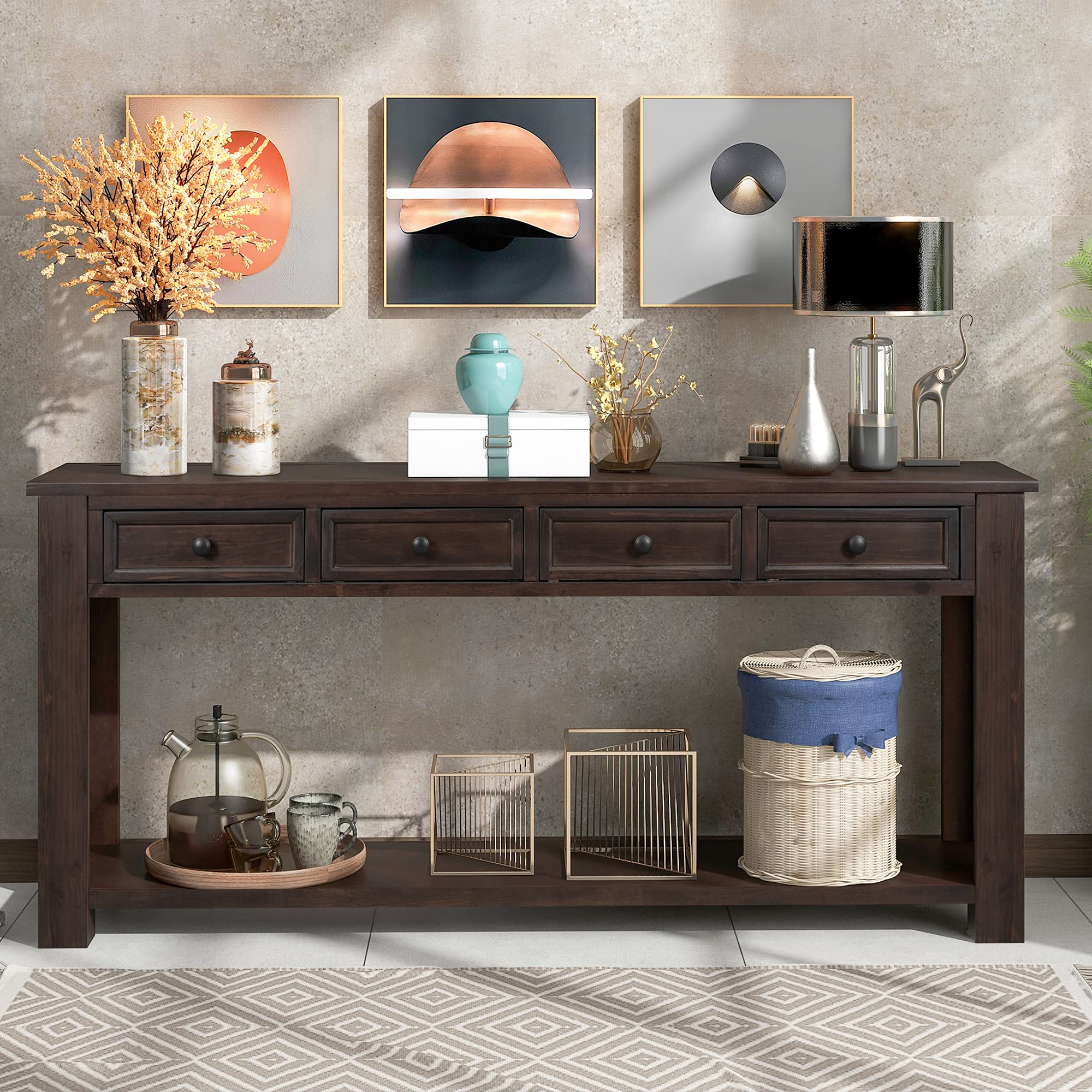 P PURLOVE Espresso Console Table with Storage Drawers & Bottom Shelf - Entryway Hallway Sofa Table for Living Room, Bedroom & Office Decor