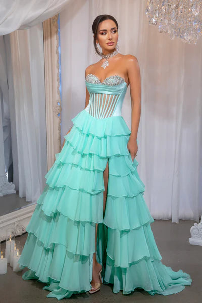 PORTIA and SCARLETT PS25961 Layered Crystal Corset Dress - Elegant Evening Gown for Prom, Wedding & Special Occasions