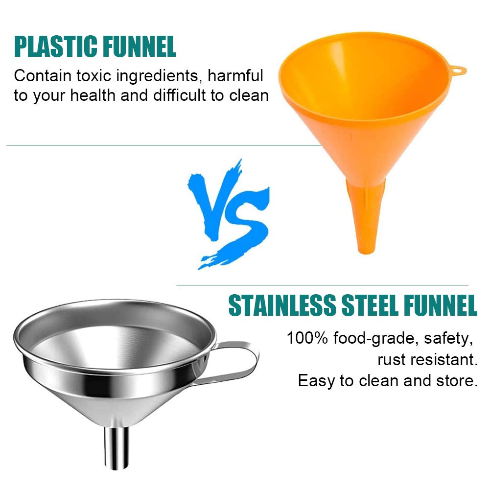 Premium Stainless Steel Funnel Set - 3-Piece Kitchen Strainer with Removable Filter for Liquids, Oils, Jams & Powders | Wide Mouth Canning Funnels for Cooking, Baking, Home Brewing & DIY Projects | Durable & Easy Clean