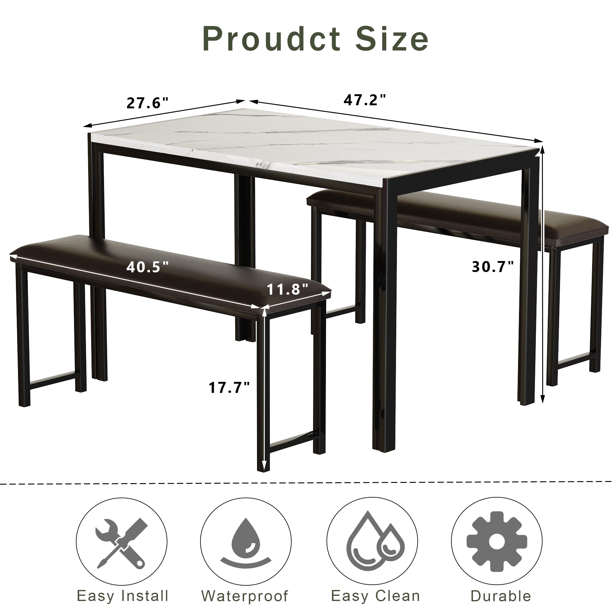 AWQM 3-Piece Dining Set - White Faux Marble Table & 2 PU Leather Benches for Small Spaces | Perfect for Breakfast Nook, Apartment, Kitchen & Compact Living Areas