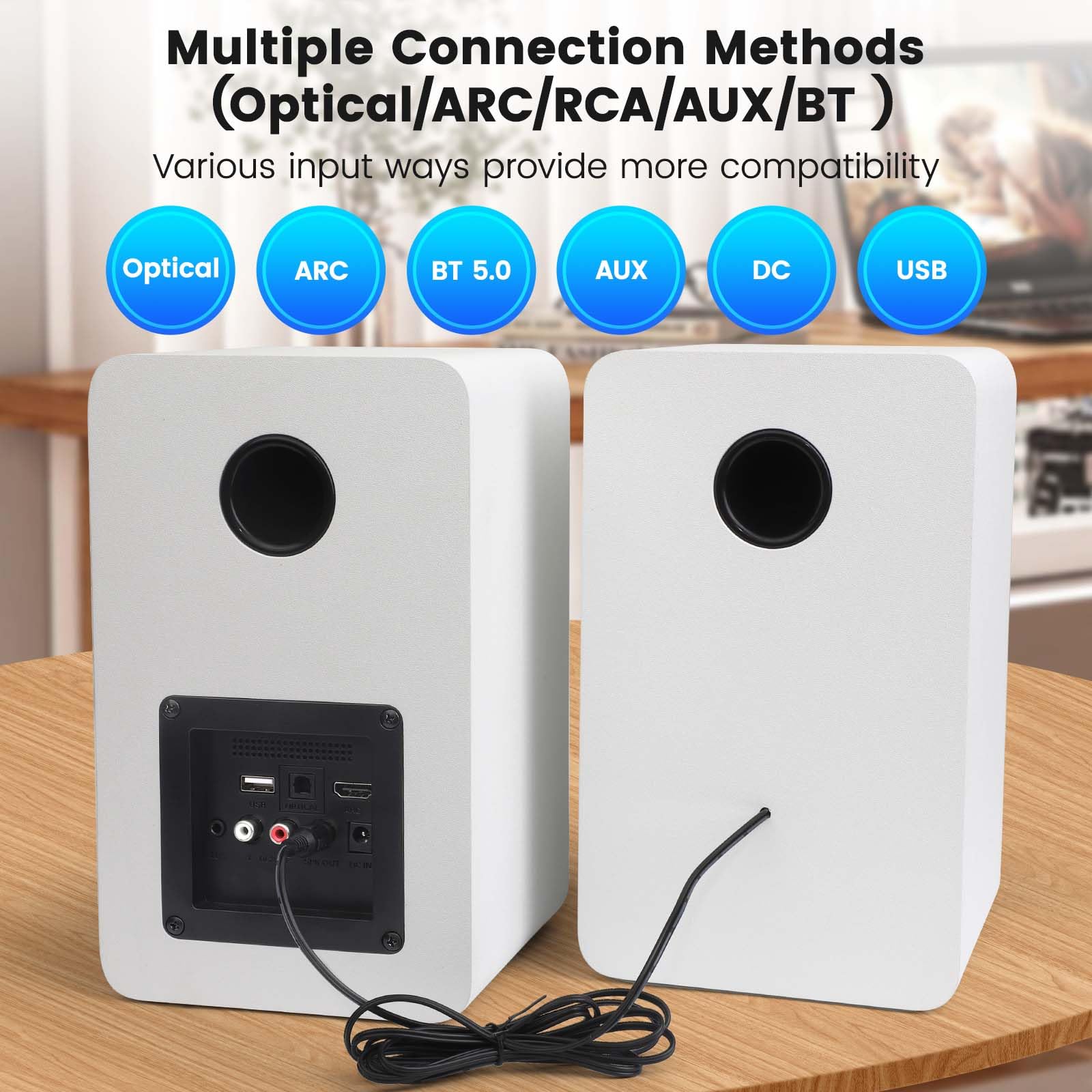 70W Powered Bookshelf Speakers - Active Stereo Studio Monitor with Wired Optical/ARC/RCA/AUX/BT Input for Turntable, Vinyl Record Player, Home Audio, TV, Gaming PC (White) - Perfect for Home Theater, Music Production & Entertainment Setup