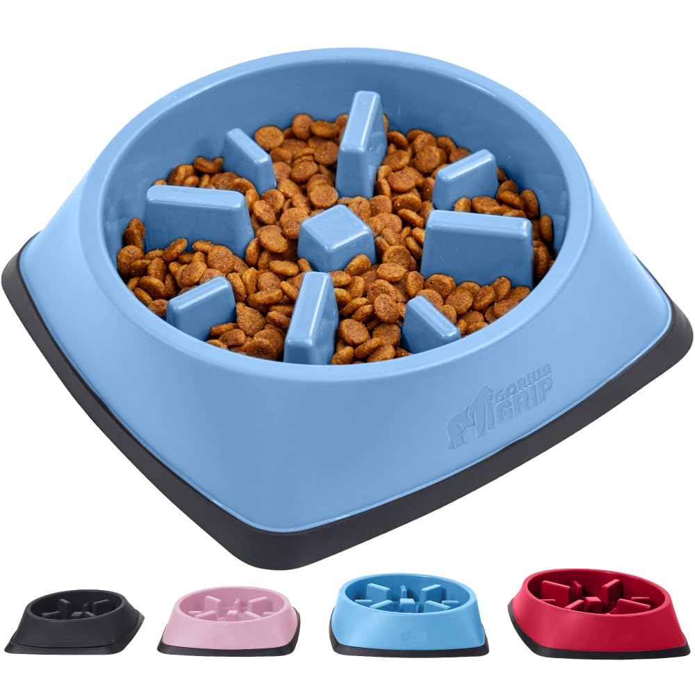 GORILLA GRIP Slow Feeder Dog and Cat Bowls - Interactive Puzzle Toy for Pet Food Training | Prevents Overeating in Puppies & Adult Dogs | BPA-Free for Small & Large Breeds (4 Cup, Light Blue) - Perfect for Mealtime Enrichment and Boredom Relief