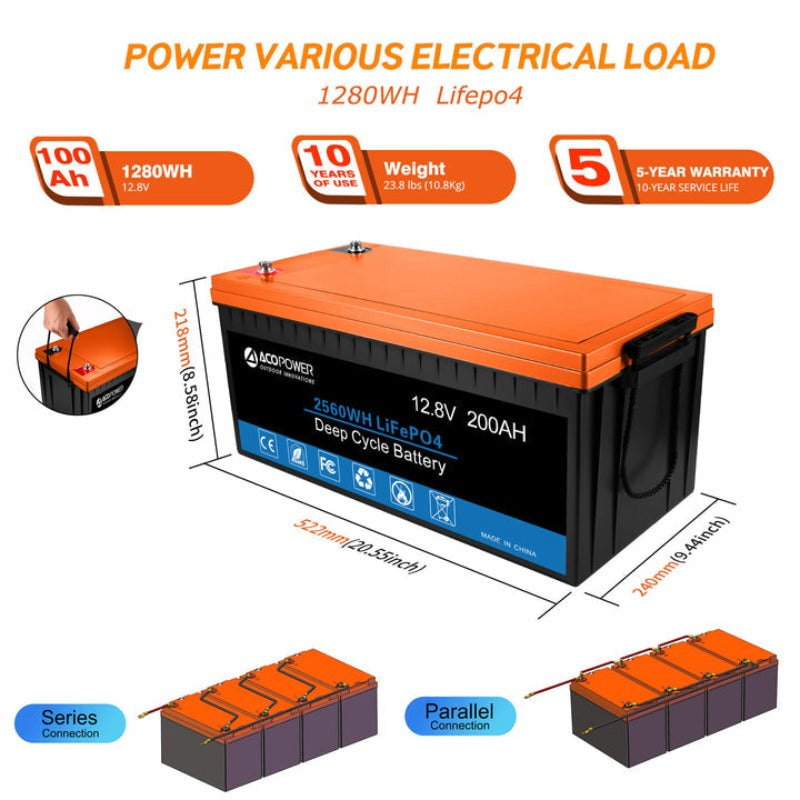 Acopower 100W Poly Solar Panel Kit with 400Ah/3kW (2x200Ah) LiFePO4 Battery & 600W Inverter - Perfect for Off-Grid Camping, RV, and Emergency Power Backup