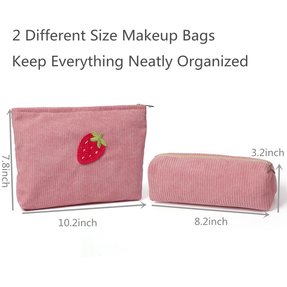 Strawberry Patch Corduroy Makeup Bag Set - Large Travel Toiletry Pouch with Zipper for Women & Teen Girls (Pink) | Cute Cosmetic Organizer for Travel, Gym, School & Daily Use