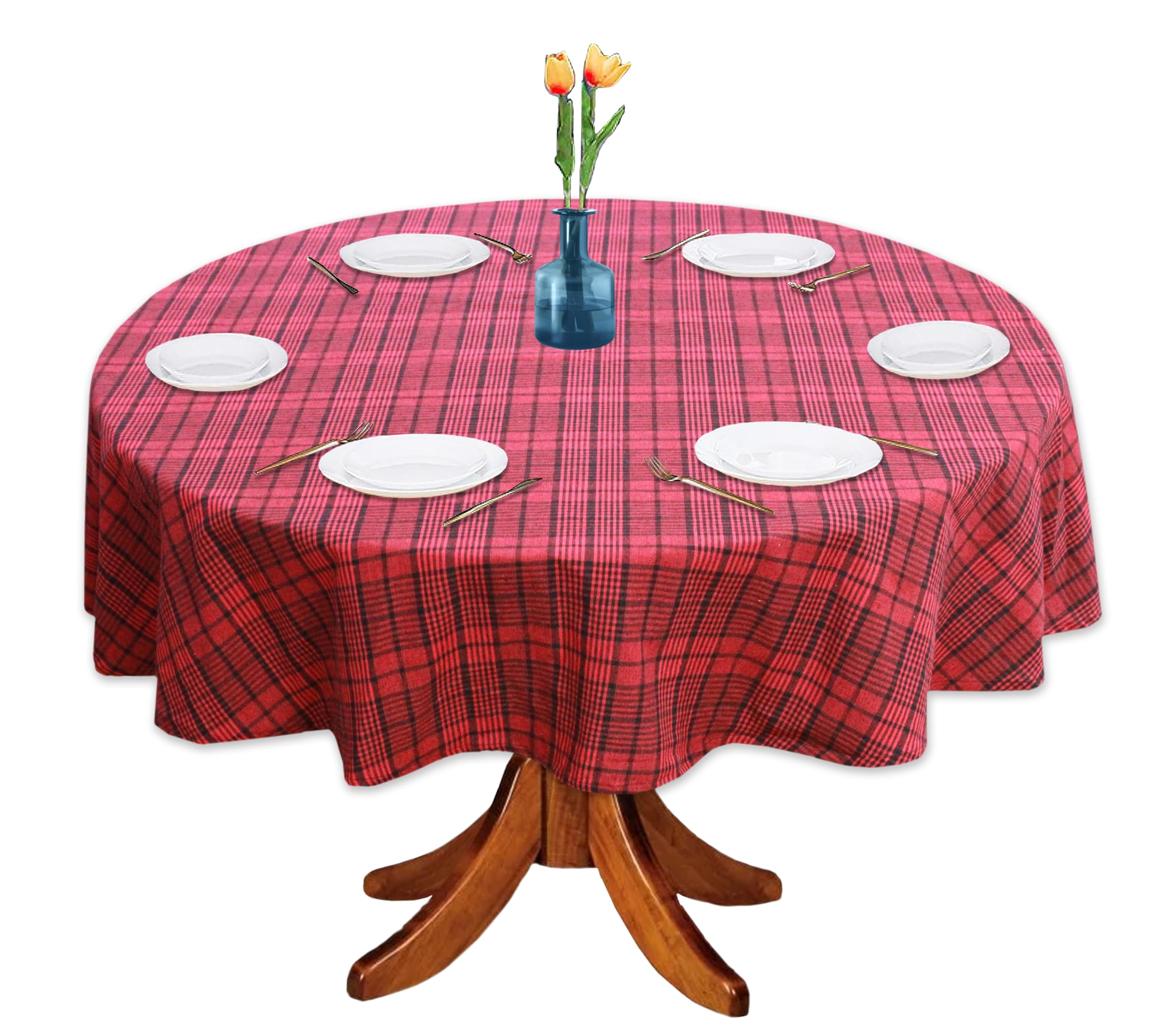 Premium 6-Seater Round Cotton Tablecloth - Oasis Home Collection Checkered Design (Red, 1-Pack) for Dining Room, Kitchen, and Outdoor Picnic Use
