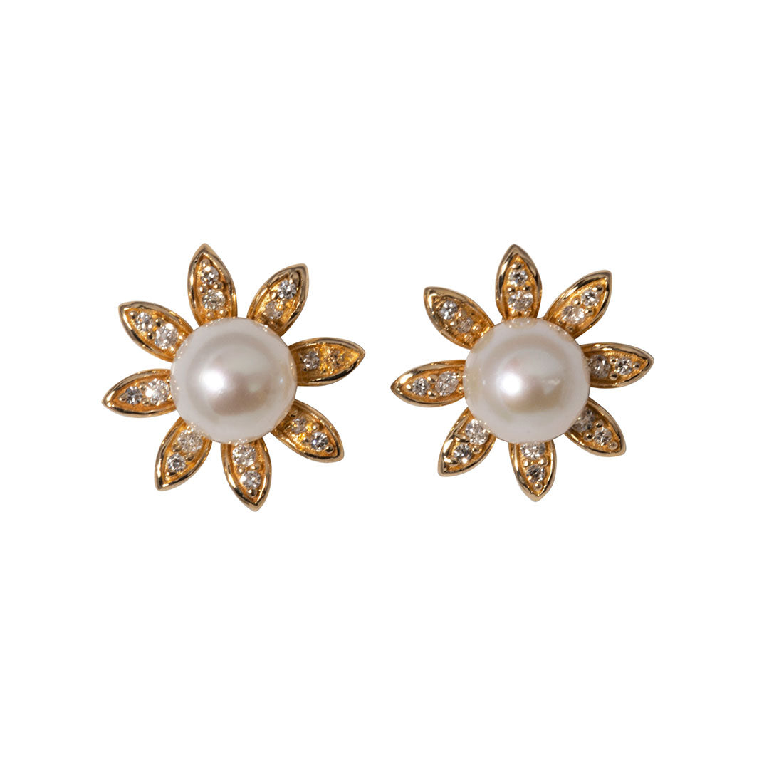 14K Yellow Gold Pearl & Diamond Flower Stud Earrings for Women - Elegant Floral Jewelry for Weddings, Parties & Everyday Wear