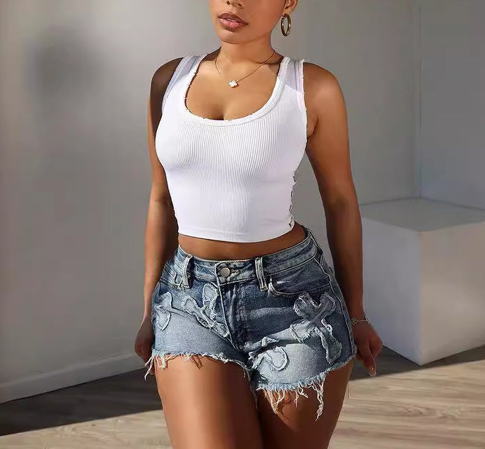 Women's High Waist Stretch Denim Shorts - Comfortable & Trendy Summer Fashion for Casual Outings, Beach Trips, and Music Festivals