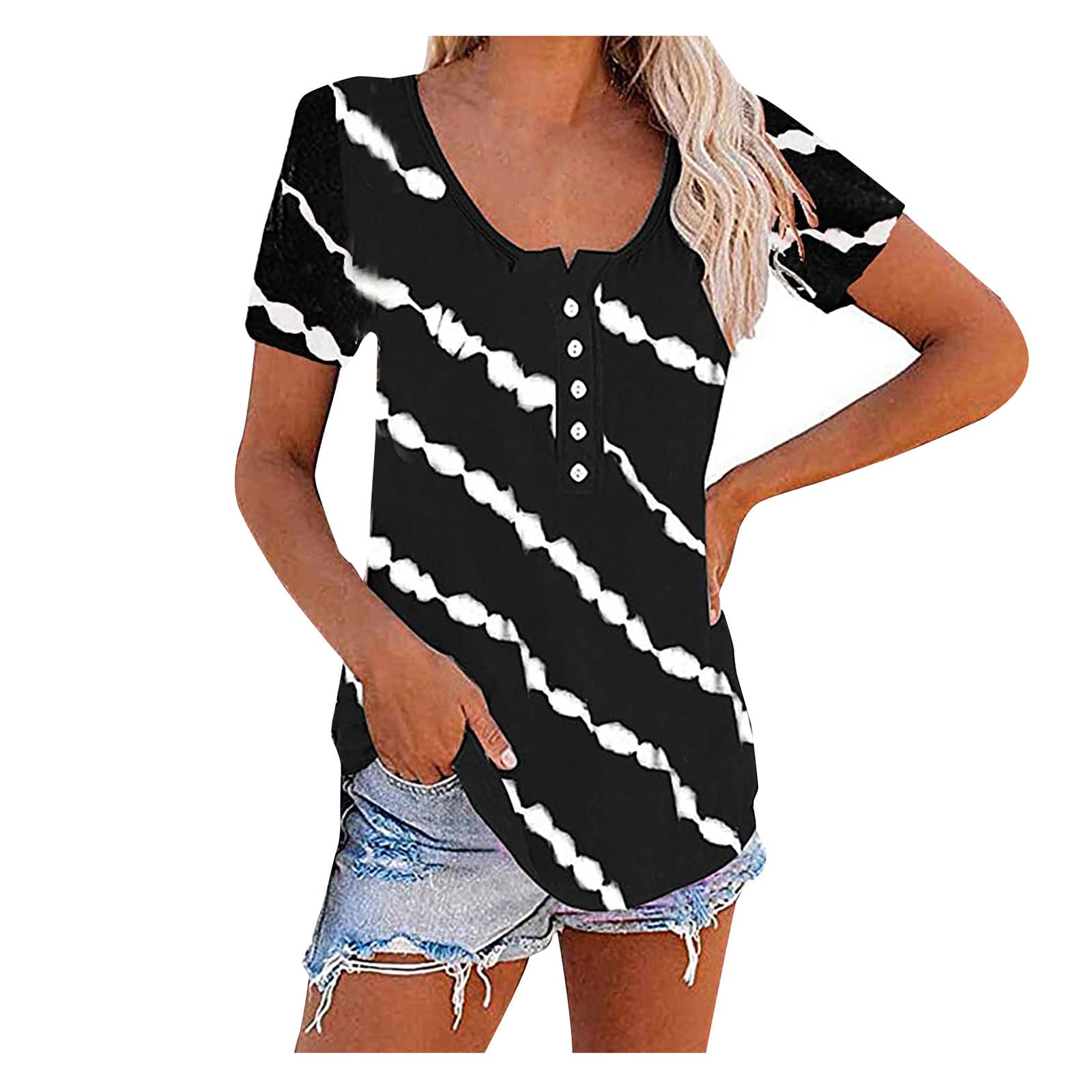 Boho Women's Summer Short Sleeve Tunic Top - Striped Print Button Down Shirt with Scoop Neck | Casual Cute Blouse for Beach, Vacation & Everyday Wear