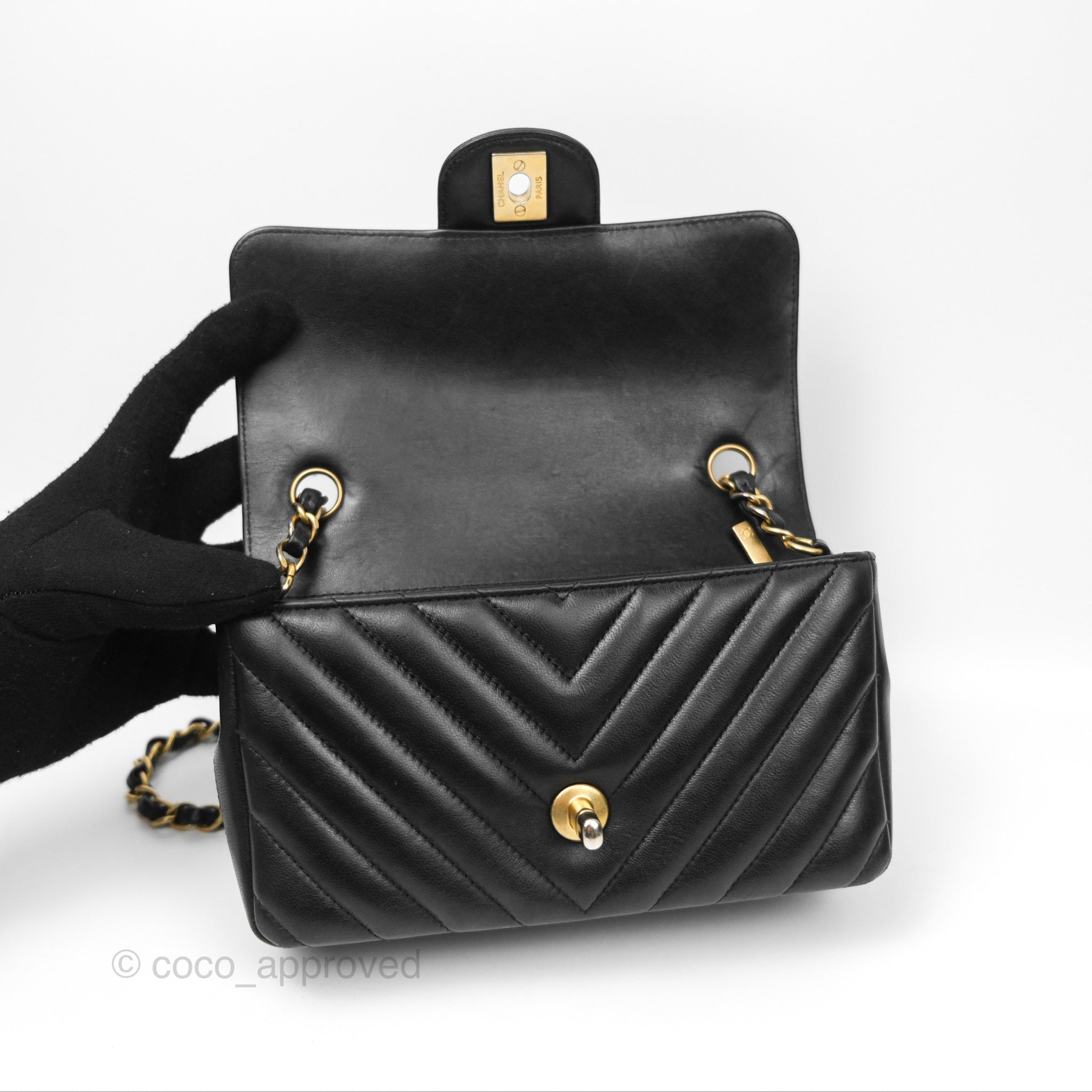 Chanel Chevron Mini Rectangular Bag - Black Lambskin Leather with Aged Gold Hardware | Luxury Crossbody Purse for Women, Perfect for Evening Events & Date Nights