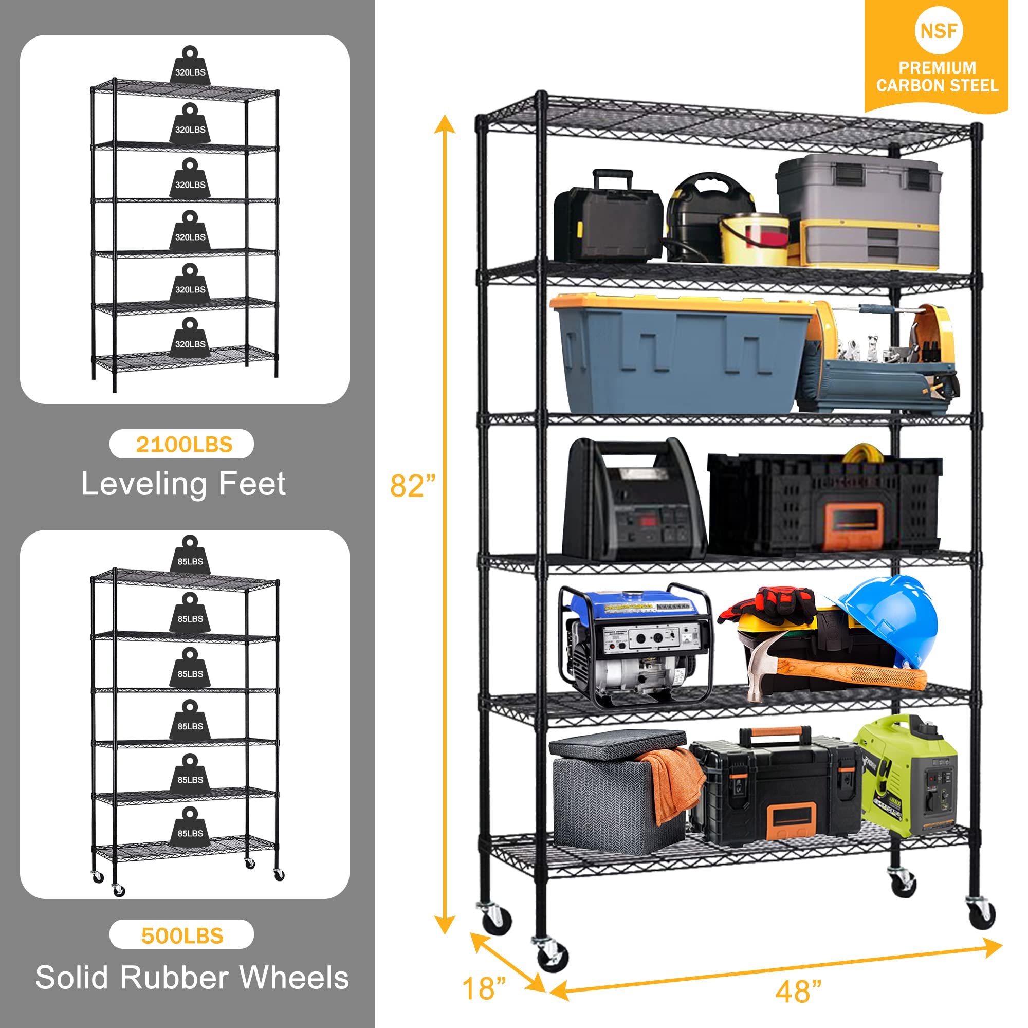 PIKAQTOP 6-Tier Heavy Duty Metal Shelving Unit - 2100LBS Capacity Adjustable Wire Rack for Kitchen, Garage & Pantry Storage | Commercial-Grade Shelves with Wheels & Leveling Feet | Perfect for Home Organization, Warehouse & Retail Use