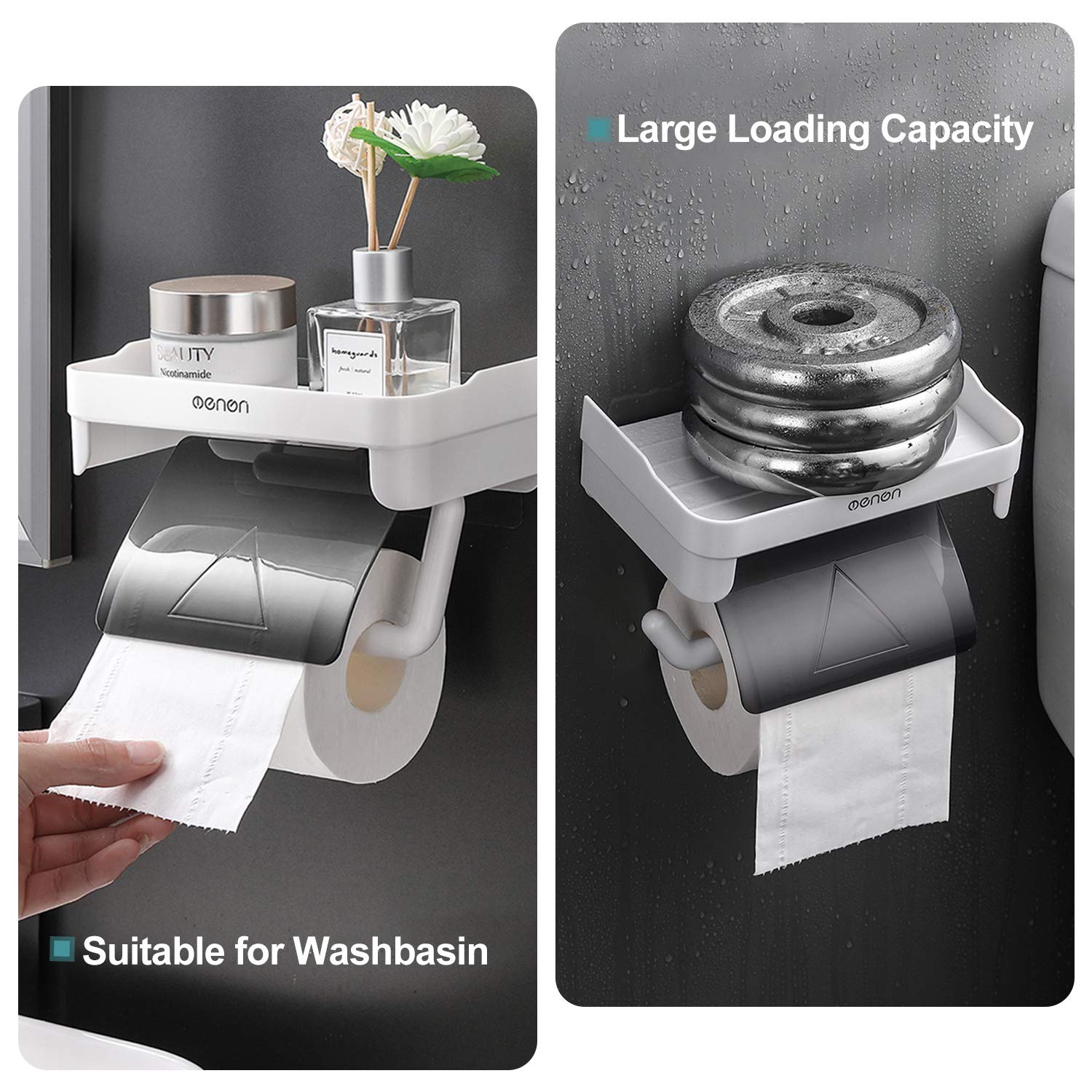 Self-Adhesive Toilet Paper Holder with Shelf - Wall Mount Bathroom & Kitchen Tissue Roll Dispenser - Space-Saving Storage for Small Bathrooms, RVs & Apartments