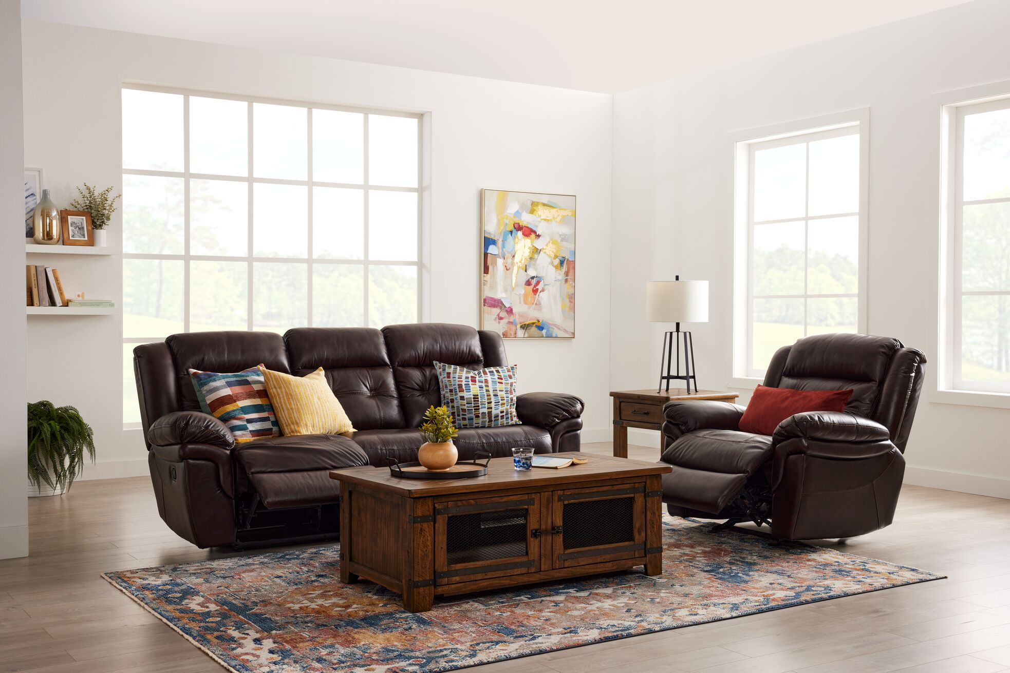 Premium Cooper Leather Reclining Sofa & Loveseat Set with Console - Genuine Brown Leather Living Room Furniture for Home Theater & Family Gatherings