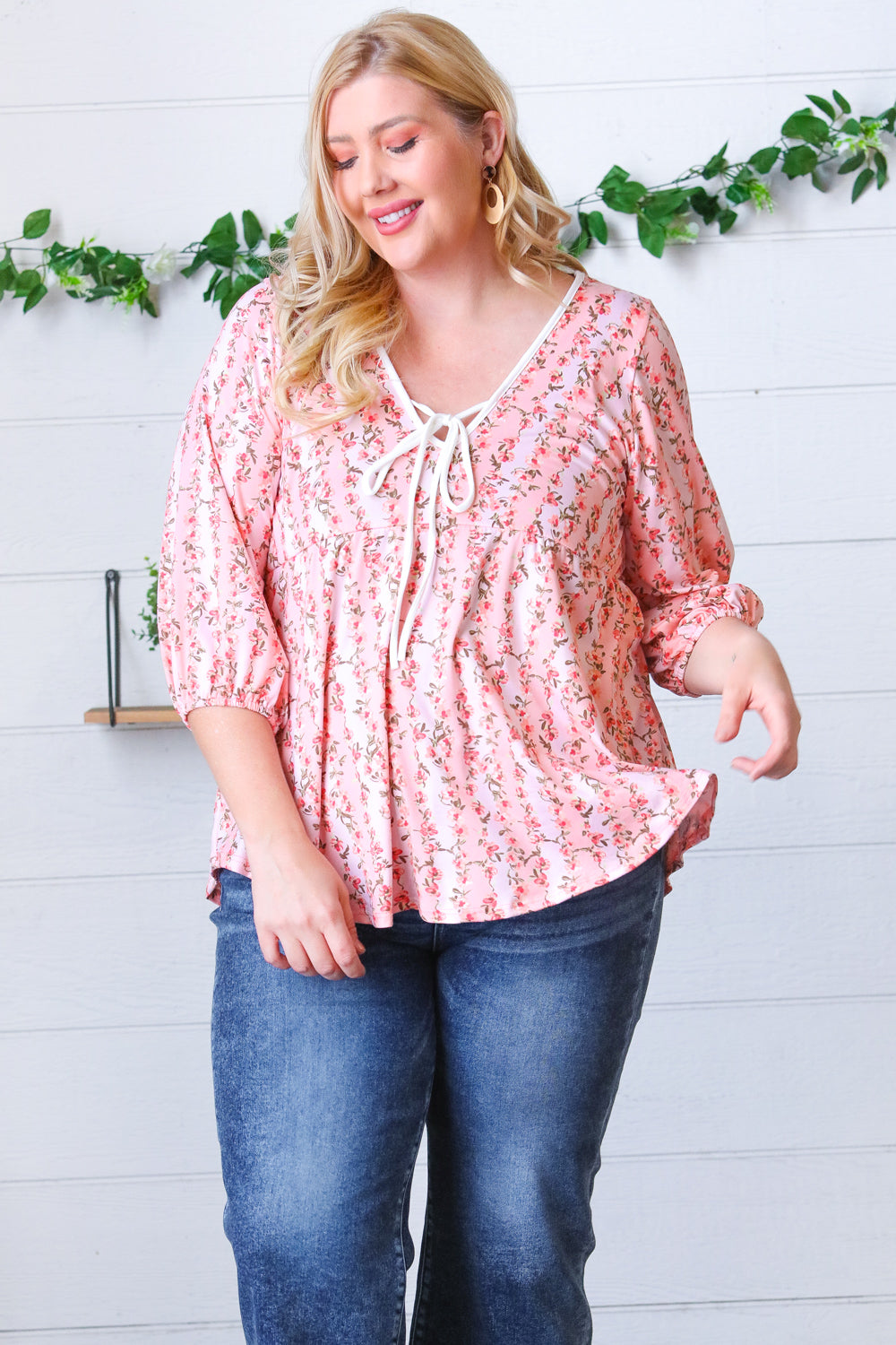 Pink Floral Stripe V-Neck Knit Top for Women - Casual Chic Blouse for Spring Outfits & Date Nights