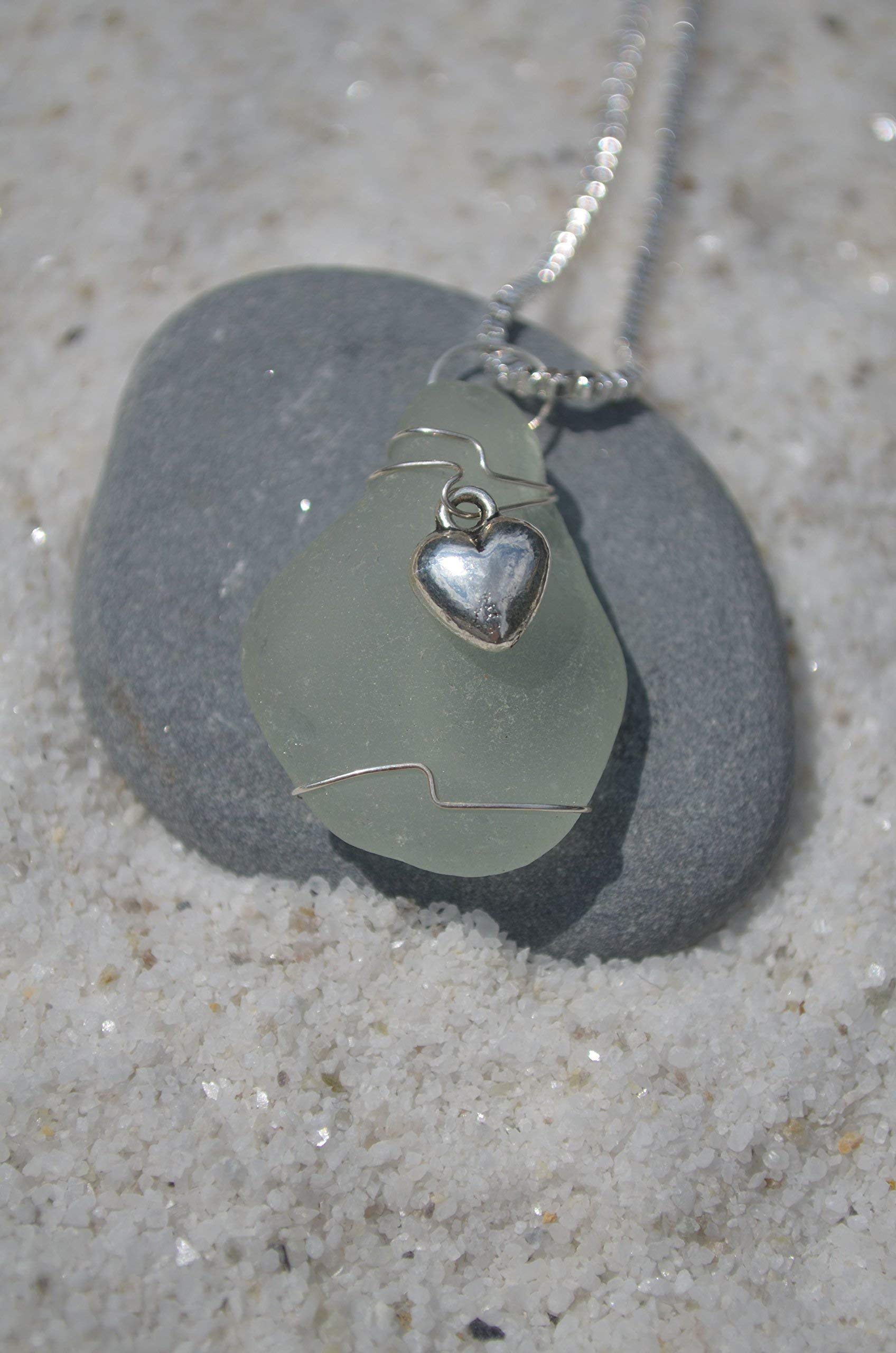 Authentic Aqua Sea Glass Necklace with Sterling Silver Heart Charm – Perfect for Beach Weddings, Boho Fashion & Gift Giving